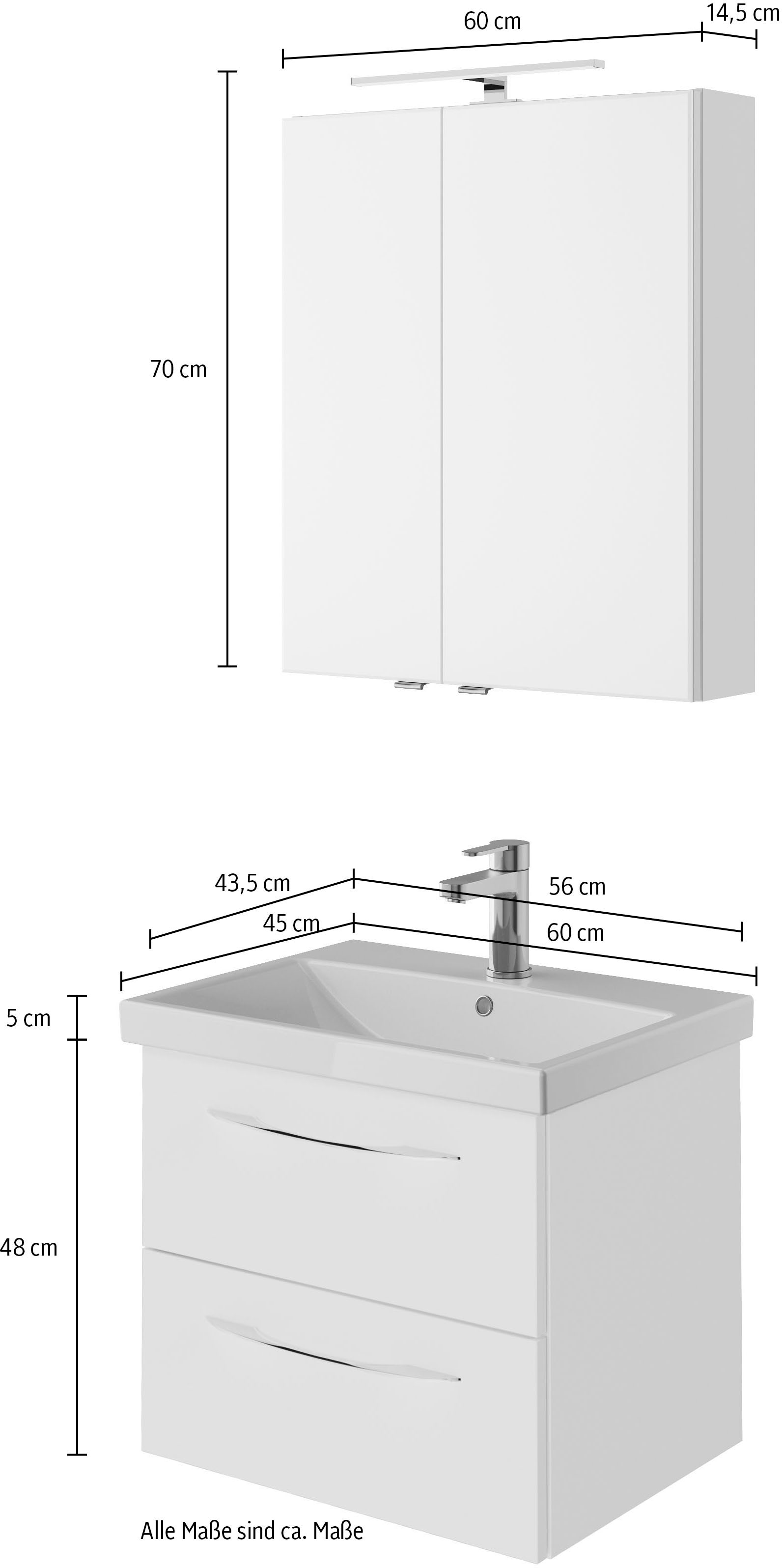 Saphir Badmöbel-Set »Serie 4035 2-teilig, Keramikwaschtisch mit LED-Spiegelschrank«, (Set), 60 cm breit, inkl. Türdämpfer, 2 Schubladen, 2 Türen, 2 Einlegeböden