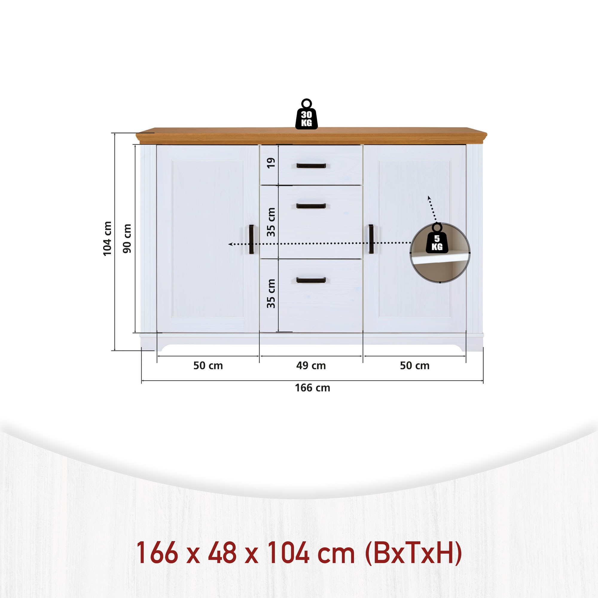 Inter Link Sideboard »Maluno« 1 Stk. tlg. Kiefer Massiv, Soft-Close, Stauraum, BxTxH: ca. 166,4 x 48,3 x 104 cm