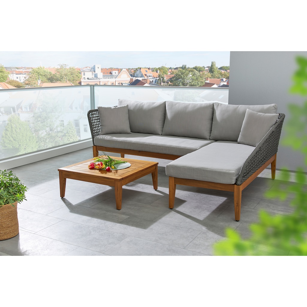 Timbers Gartenlounge-Set »Sunnyvale«, (Set, 3 tlg., 2x Sofa, 1x Tisch/Hocker 70x70x28 cm), inkl. Auflagen, Gestell aus hochwertigem Massivholz