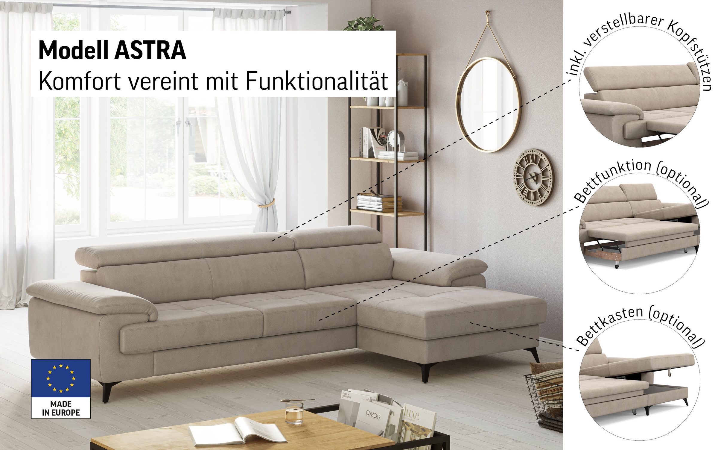 Thumbnail - COTTA Ecksofa "Astra L-Form, B: 300 cm" mit Kopfteilverstellung, optional Bettfunktion & Bettkasten
