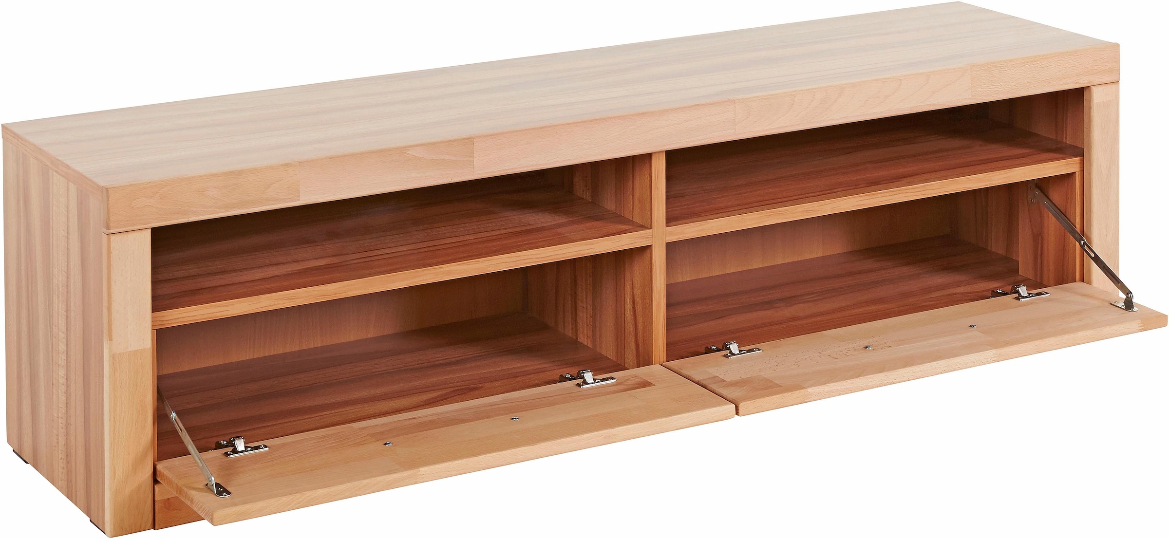 Home affaire Lowboard »Ribe,140cm breit, Fronten Massivholz,4 Fächer,Kabeldurchführung«, Holz massiv, Holzwerkstoff, Metall Griffe,2 Klappen