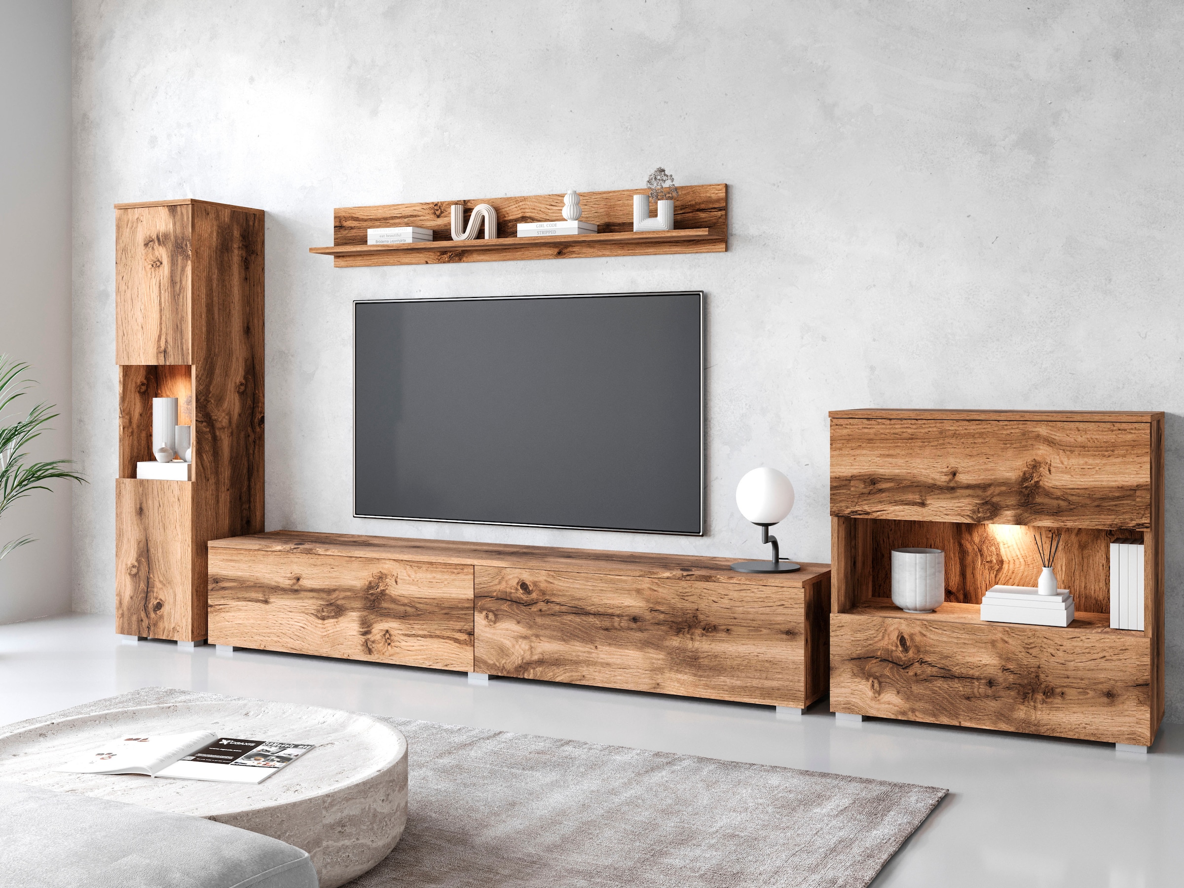 INOSIGN Wohnwand »PARIS«, (Komplett-Set, 4 St.), TV-Wand 300cm breite, grifflose Design, stehend und hängend montierbar