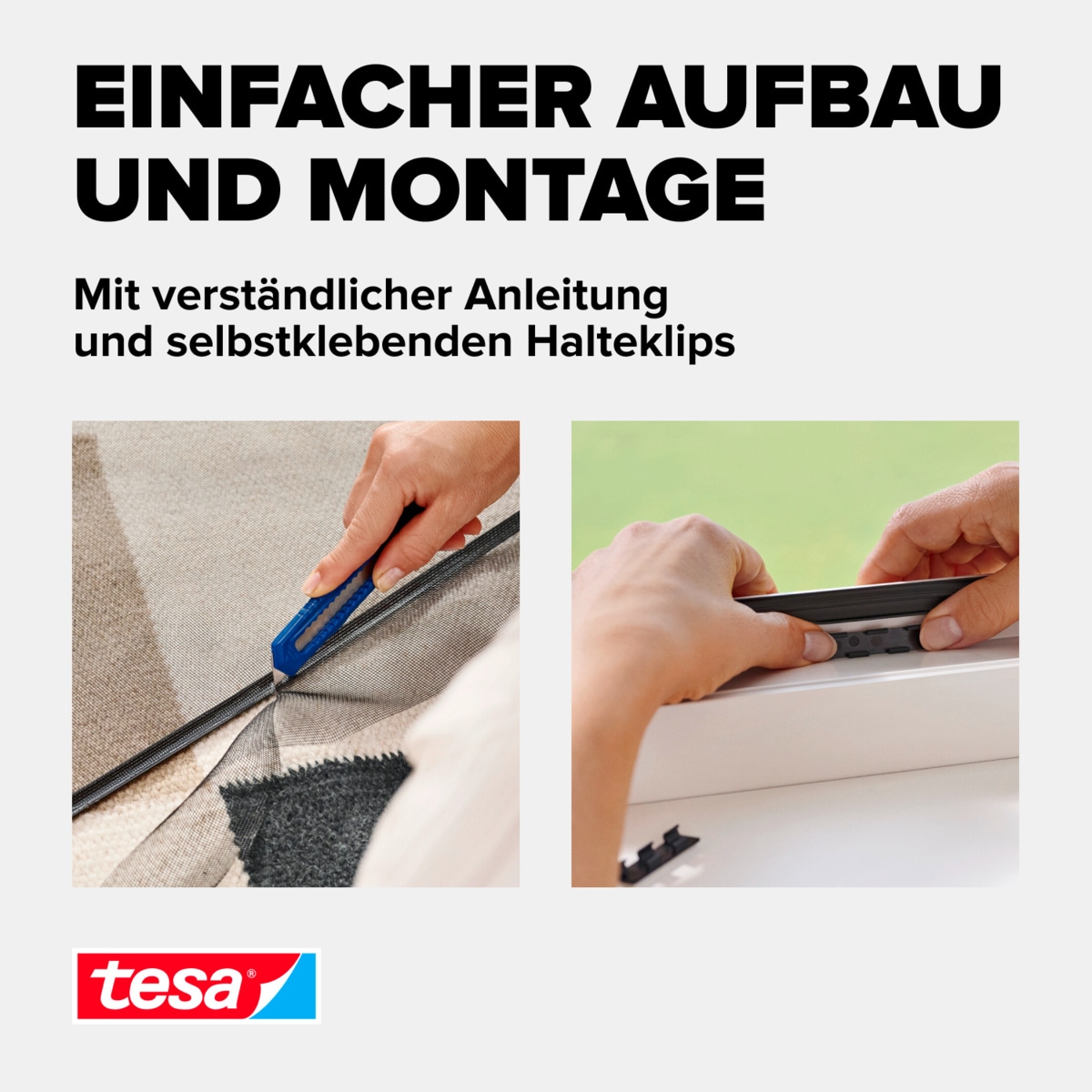 tesa Insektenschutz-Fensterrahmen »Insect Stop Anklipsrahmen - Fliegengitter für Fenster«, Selbstklebende Halteklips, zuschneidbarer Rahmen, ohne Bohren