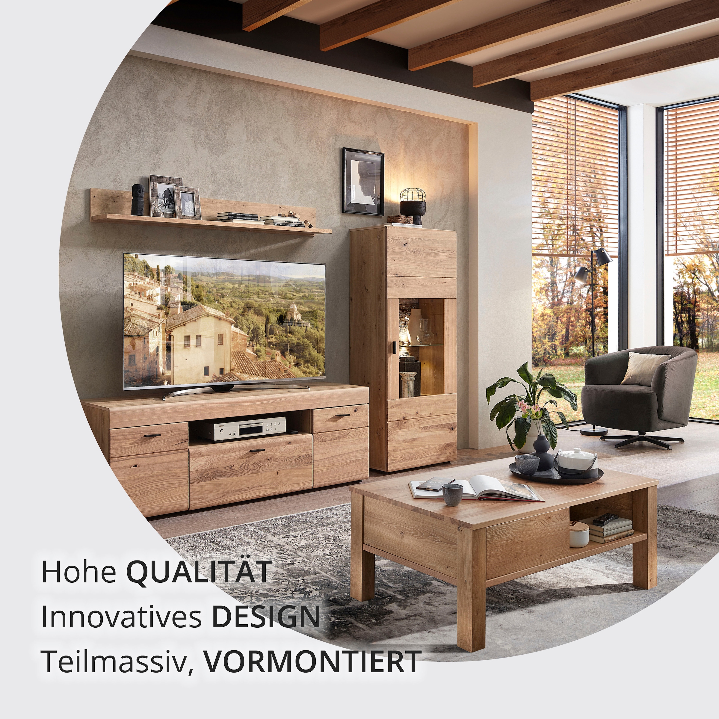 Wohnconcept Couchtisch »Malaga Couchtisch, 115x45x65 (BxHxT)« 1 Stk. tlg. Massivholzplatte, 1Schubkaste, 3 offene Fächer, ABS-Kantenschutz