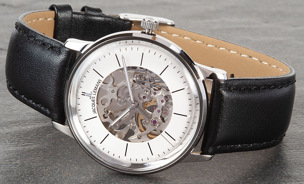 Jacques Lemans Mechanische Uhr »Retro Classic, N-207ZA«, Armbanduhr, Herrenuhr, Handaufzug, skelettiertes Zifferblatt