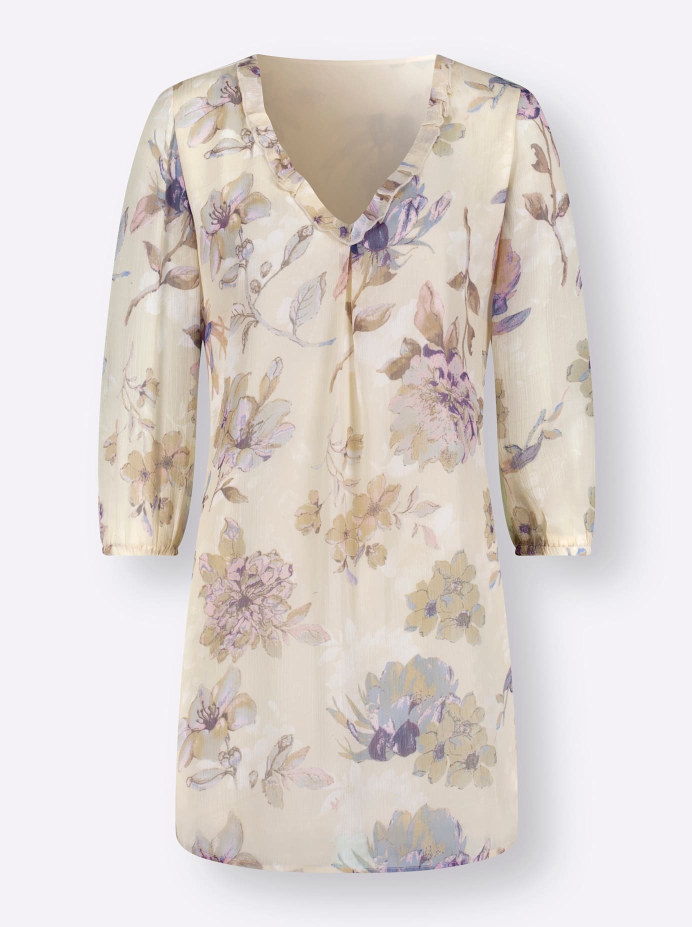 Druckbluse LADY, Damen, Gr. 42, beige (sand, bedruckt), 100% Polyester, geblümt, gemustert, mehrfarbig, V-Ausschnitt, Blusen Druckbluse 3