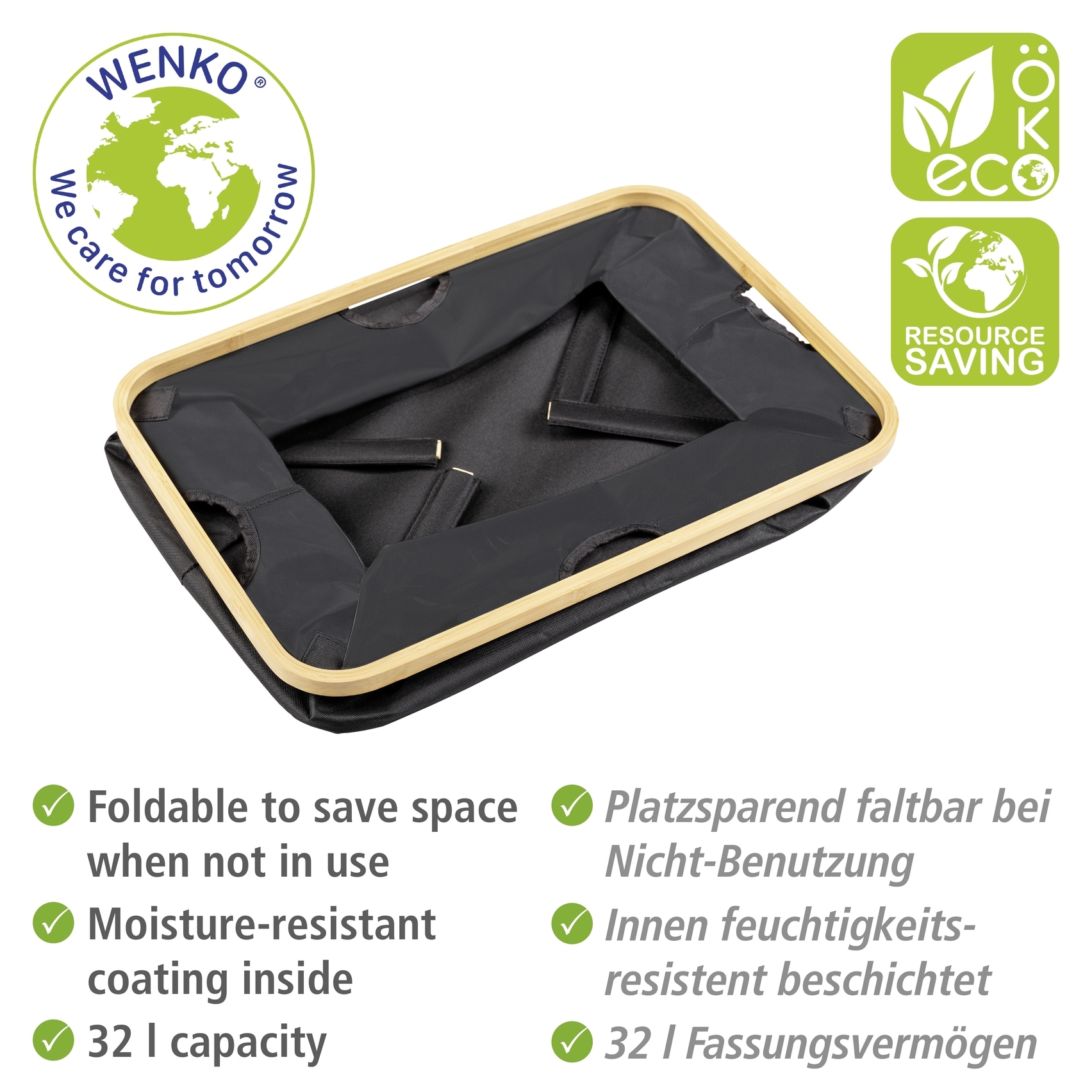 WENKO Wäschekorb »Modell Ecori«, faltbarer Wäschesammler, recyceltes Polyester mit Bambusrahmen