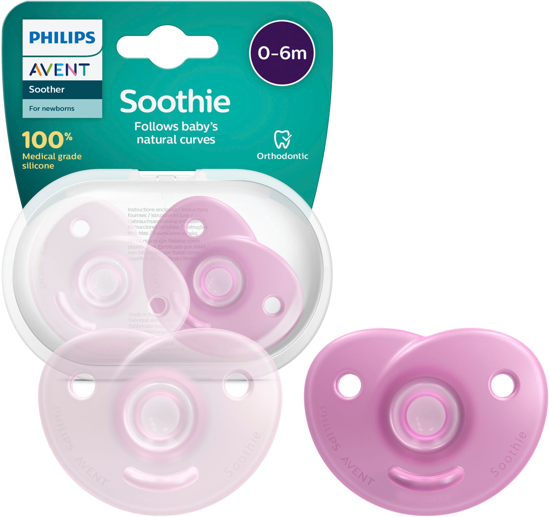 Philips AVENT Schnuller »Soothie 0-6m SCF099«, (2 St.), kiefergerecht geformter Sauger aus Silikon, inkl. Sterilisationsbox