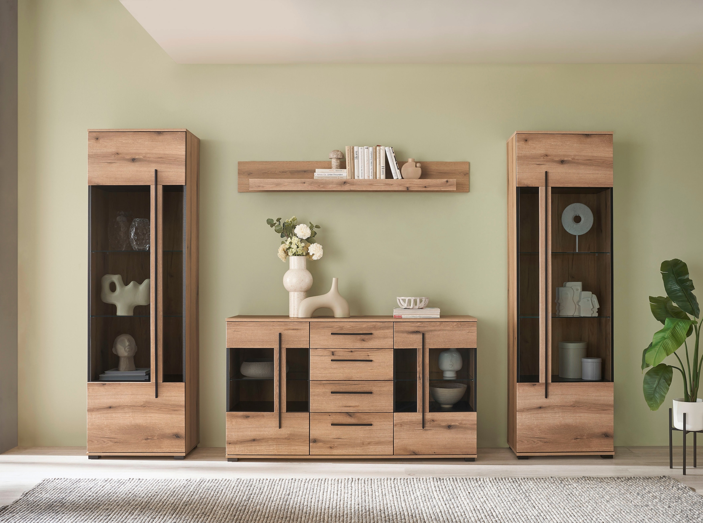 INOSIGN Wohnwand »Cantara, moderne Anbauwand, Wohnzimmer-Set, in Eiche Evoke oder Weiß«, (Set), enthält zwei Vitrinen, ein Sideboard und ein Wandboard