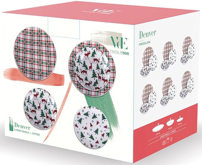 Villa d'Este Tafelservice »Geschirr-Set, Service Denver, Winter, Weihnachen«, (Set, 18 tlg.), Speiseteller, Suppenteller, Dessertteller, 18 Teile, für 6 Personen