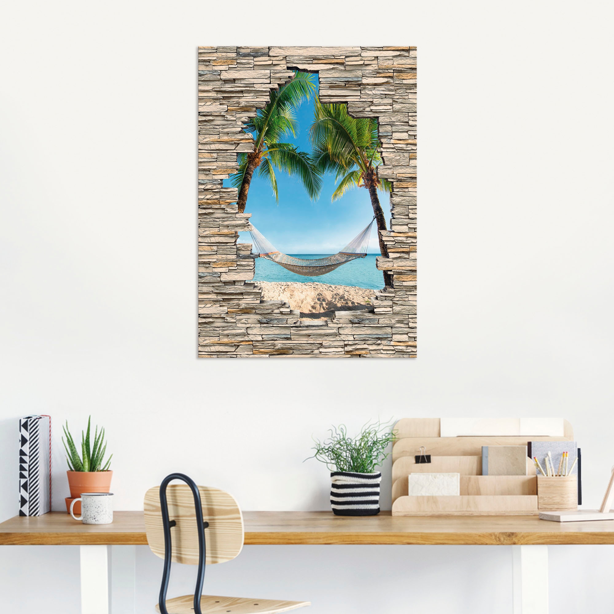 Artland Wandbild »Palmenstrand Karibik Hängematte Stein«, Karibikbilder, (1 St.), als Alubild, Outdoorbild, Poster in verschied. Größen