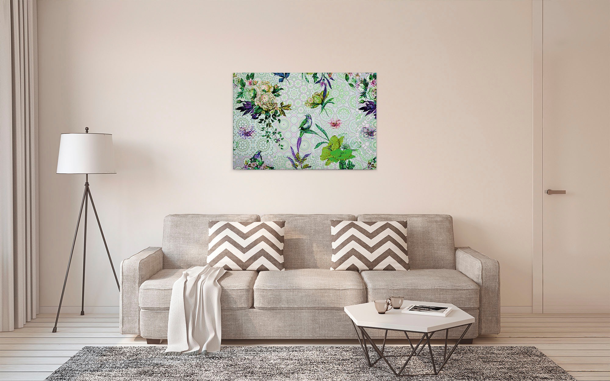 A.S. Création Leinwandbild »mosaic garden«, Kunst-Vögel-Kinder, (1 St.), Mosaik Keilrahmen Floral Blumen Vögel Leinwand-Bild Wohnzimmer modern
