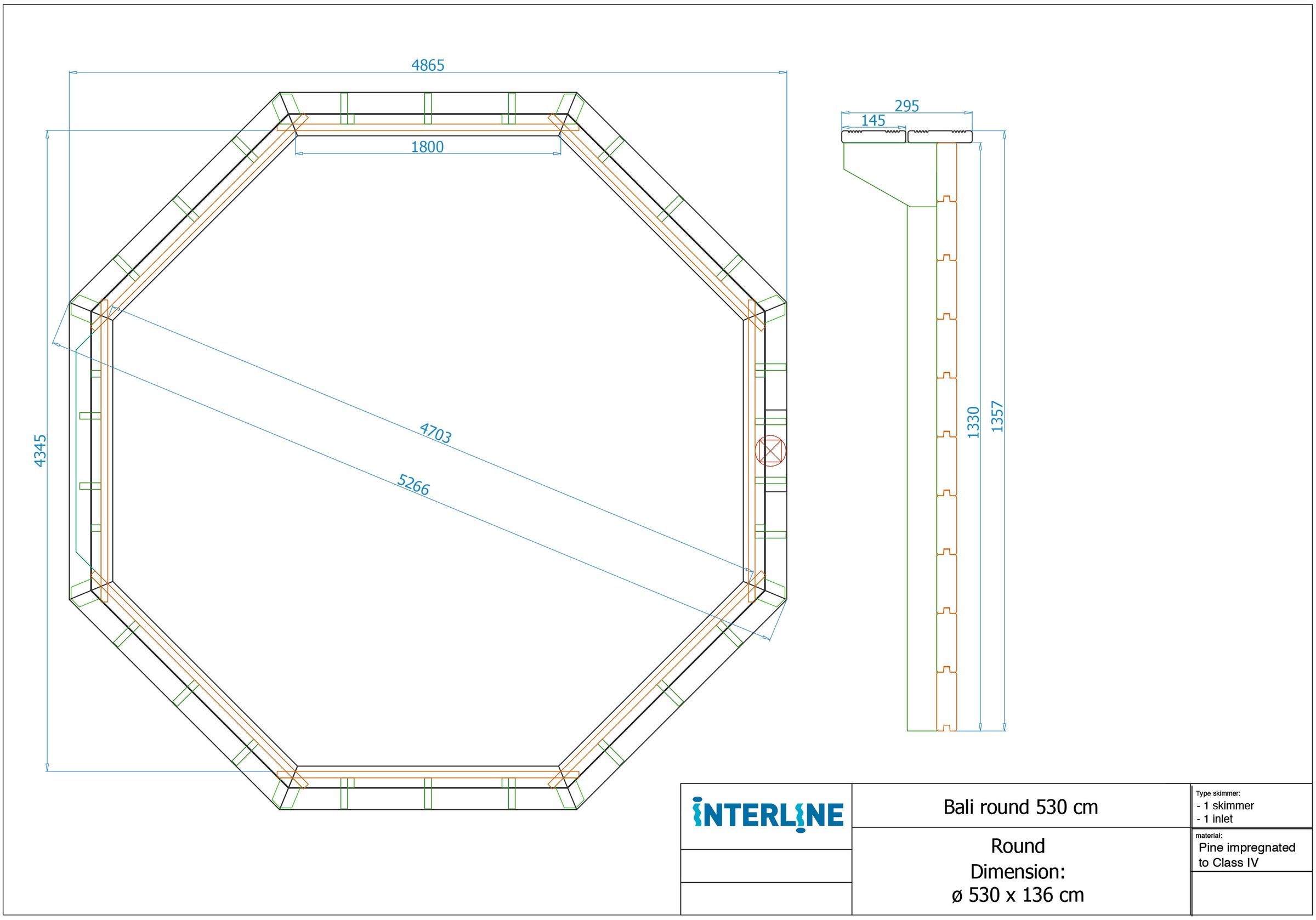 Interline Achteckpool »Java«, (Komplett-Set, inkl. Wärmepumpe, Skimmer und Holzleiter), ØxH: 530x136 cm