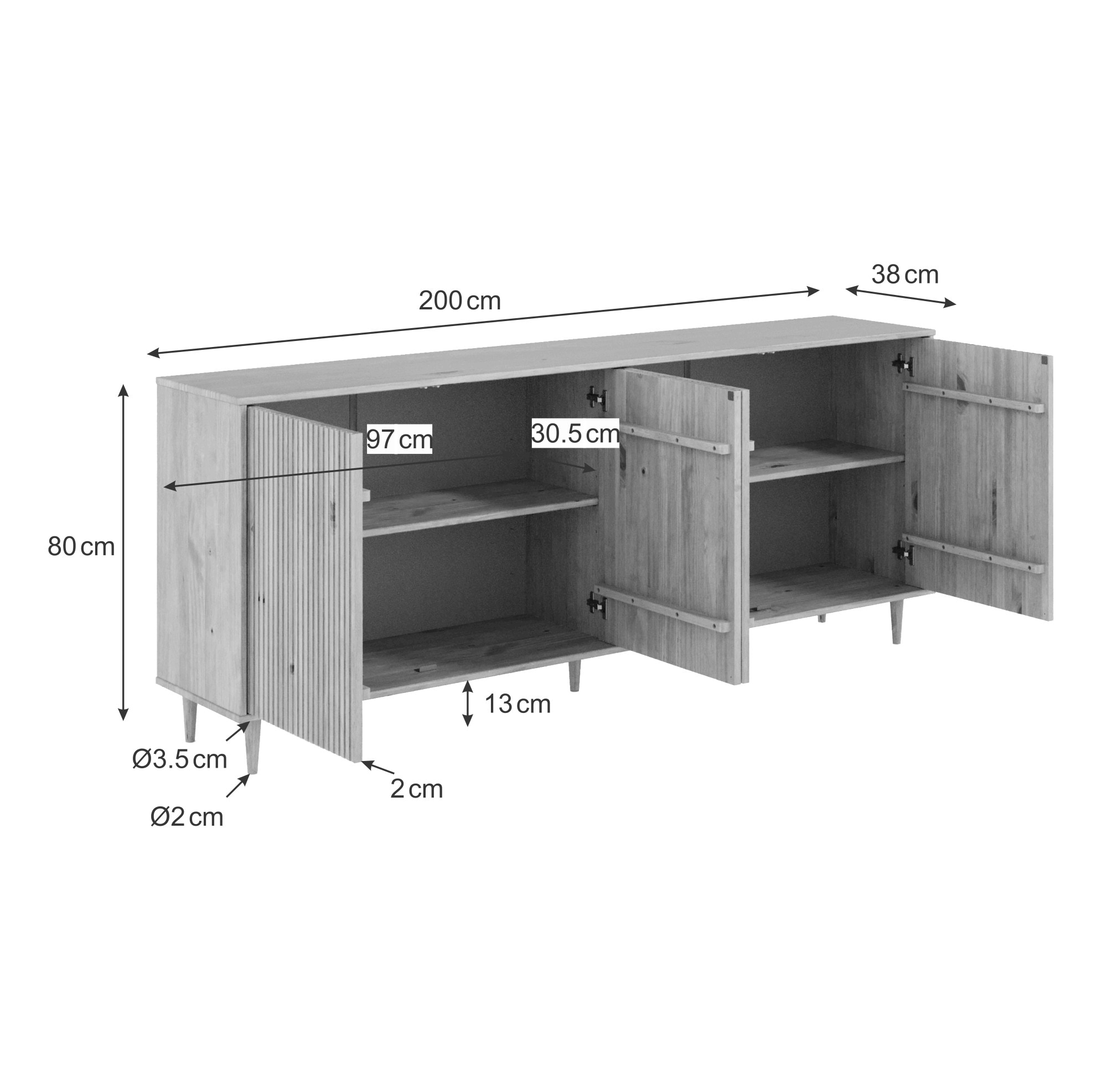 OTTO home Sideboard »Malmedy Front mit gefrästen Rillen« Kommode aus massivem Kiefernholz, Push-to-open, FSC, Breite 200 cm