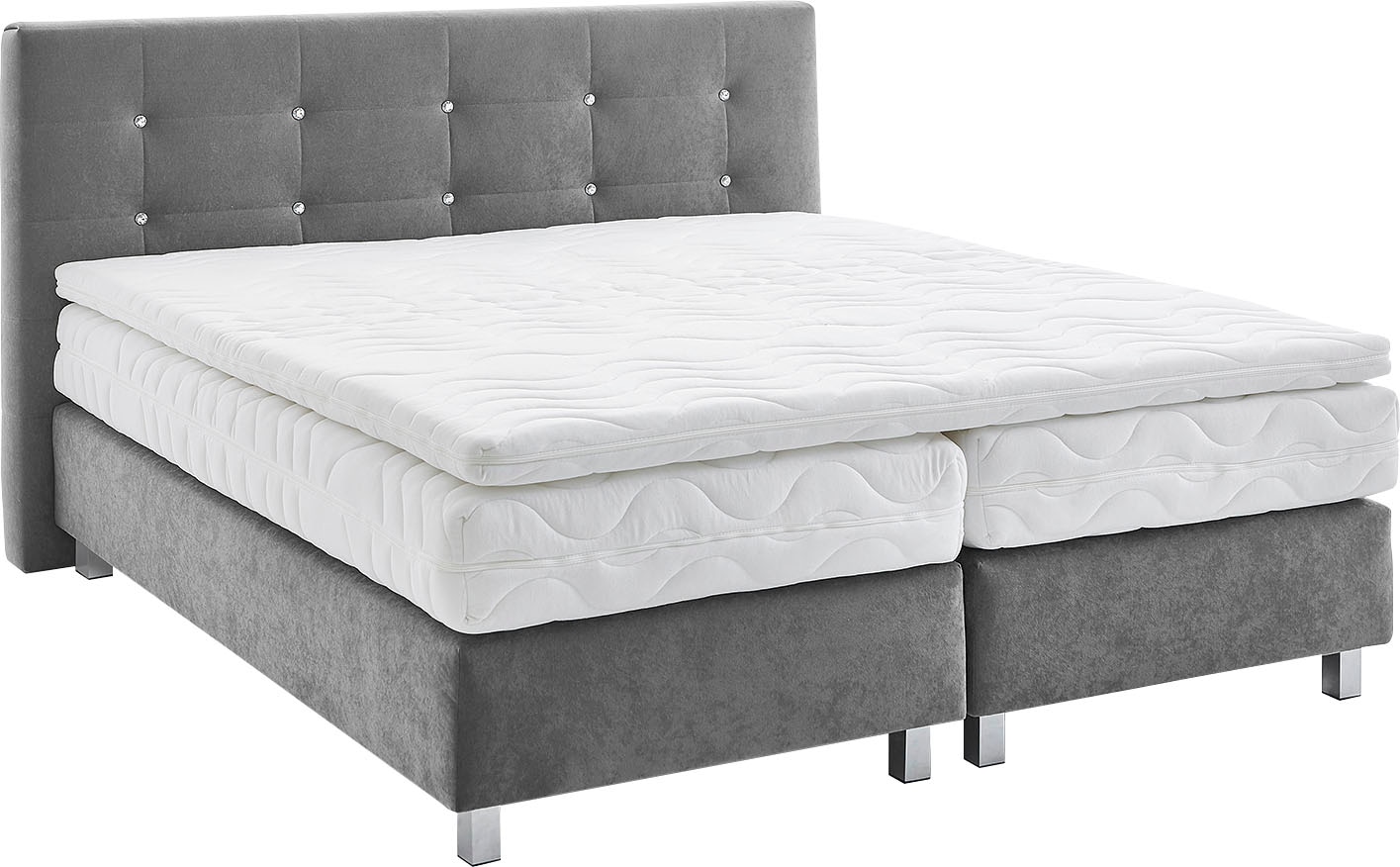 Boxspringbett, grau, B:175cm L:210cm, Bezug: Microvelours 100% Polyester;Polsterung: 100% Polyester, WESTFALIA SCHLAFKOMFORT, Komplettbetten, Boxspringbett, mit Knöpfen in Kristalloptik, wahlweise mit Topper