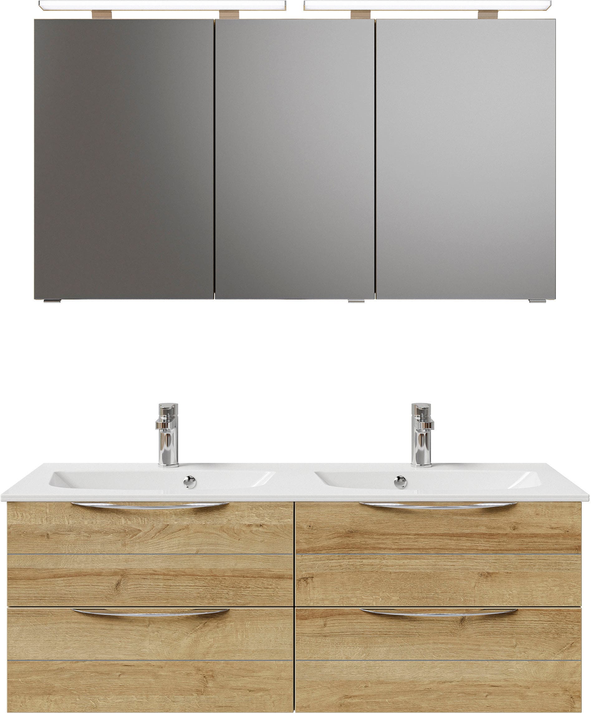 Saphir Badmöbel-Set »Serie 6025 2-teilig Mineralmarmor-Waschtisch mit LED-Spiegelschrank«, (2 St.), Waschplatz 132cm breit, 4 Schubladen, 2 Spiegel-Türen, inkl Türdämpfer