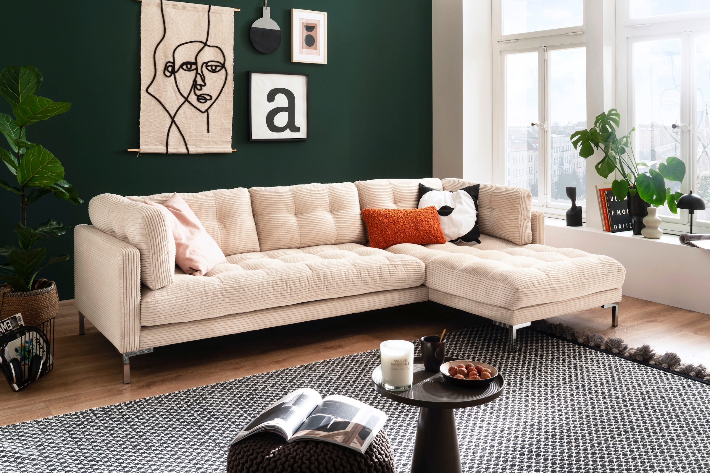 Trends by HG Ecksofa »Landau L-Form«, in Cord-Stoff mit Metallfuß