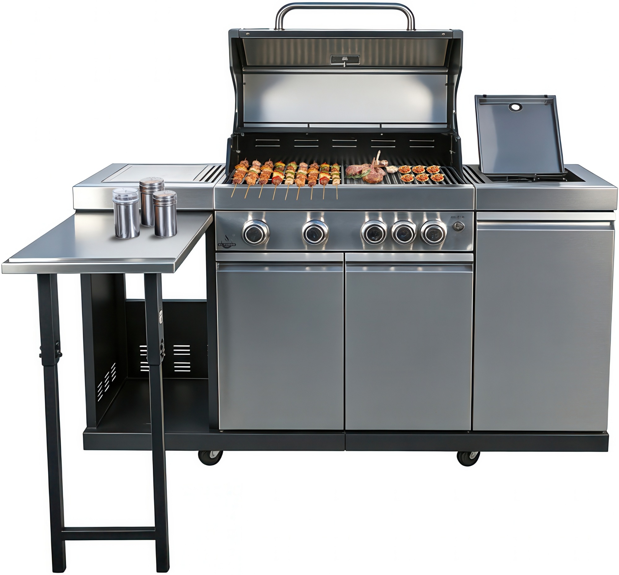 Kombigrill EL FUEGO, B:150,5cm H:116,5cm T:58cmsilber, Grills, "Augusta", 17 kW Gesamtleistung, auch als Holzkohlegrill verwendbar