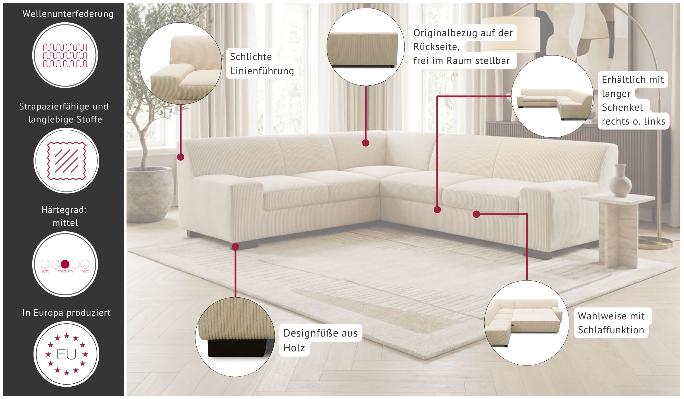 OTTO home Ecksofa »Faxe 249 x 214 cm, auch mit Schlaffunktion« L-Form, aus pflegeleichtem, weichem Luxus-Microfaser Bezug