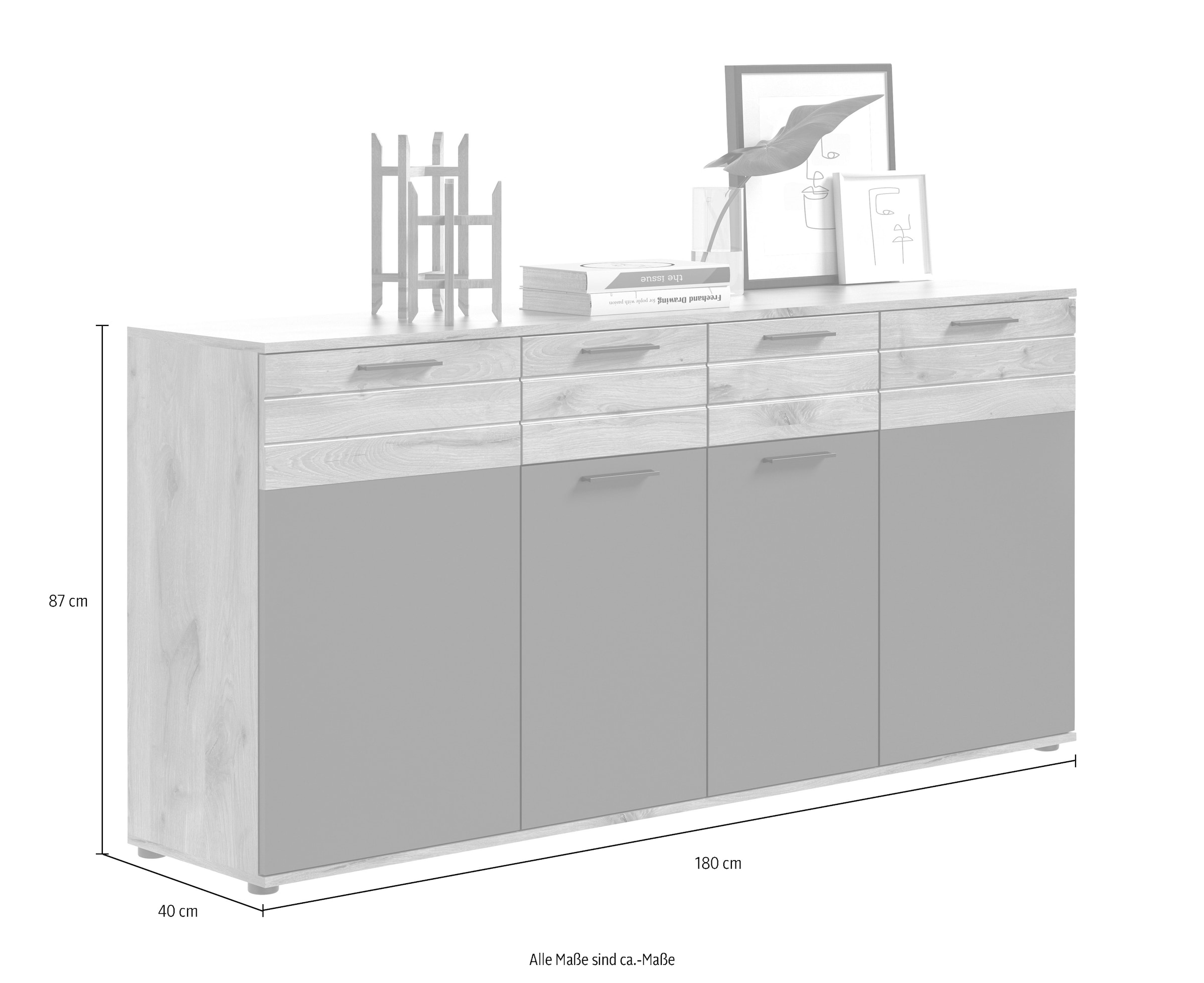 INOSIGN Sideboard »Riga, Breite 180cm, 4 Türen, 2 Schubkästen, 6 Einlegeböden, 10 Fächer«, hochwertige Rillenfräsung, mit Softclose, Kommode, Anrichte, Schrank