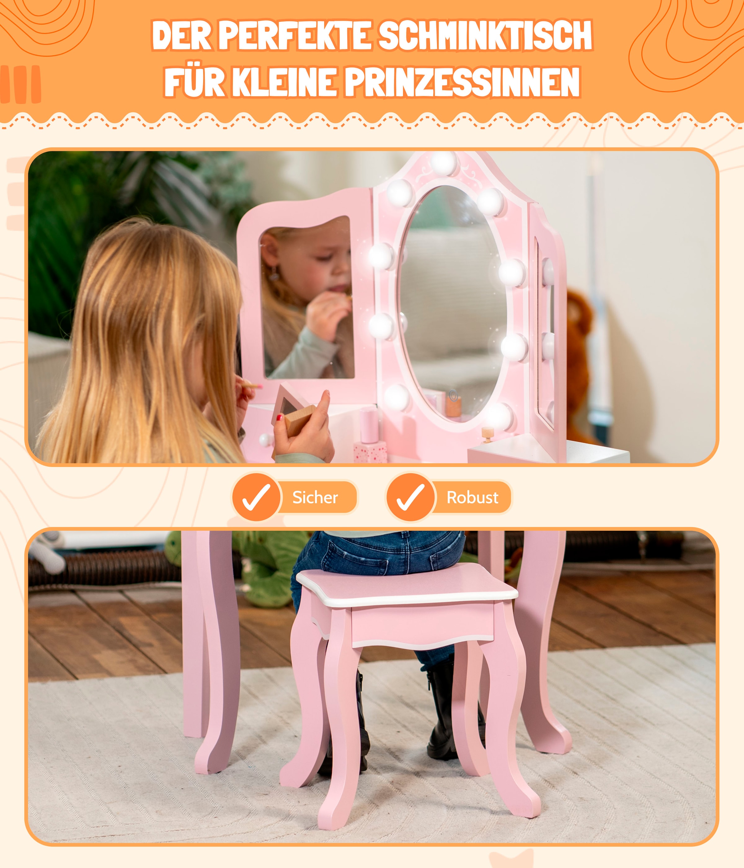 CHIC2000 Schminktisch »pastellrosa«, mit großen LED-Lichter rund um den Spiegel und Hocker