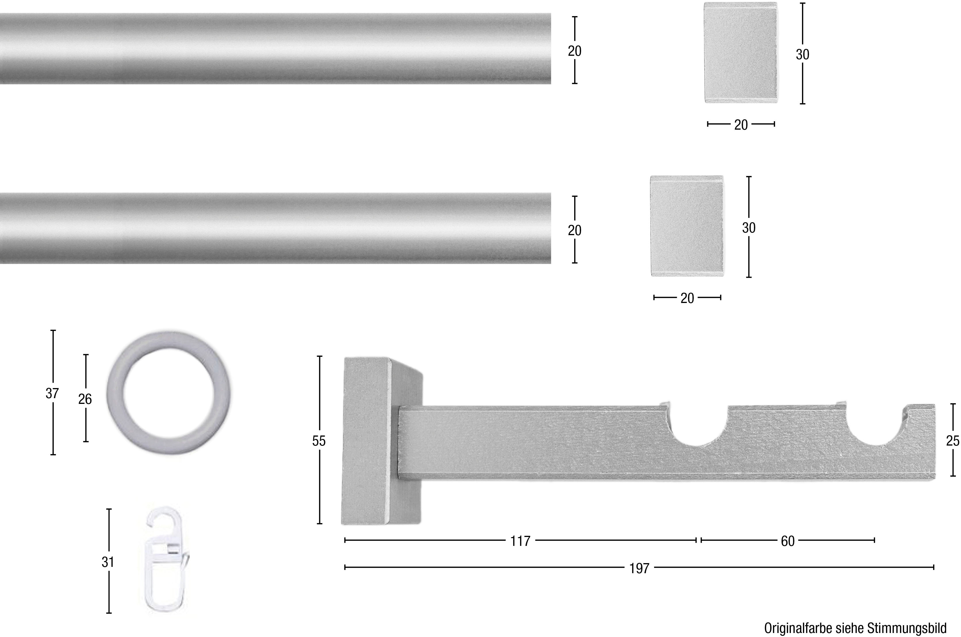 Thumbnail - GARESA Gardinenstange "CUBUS" Ø 20 mm 2 läufig-läufig Wunschmaßlänge Vorhanggarnitur, verlängerbar, Endkappe, mit Ringe