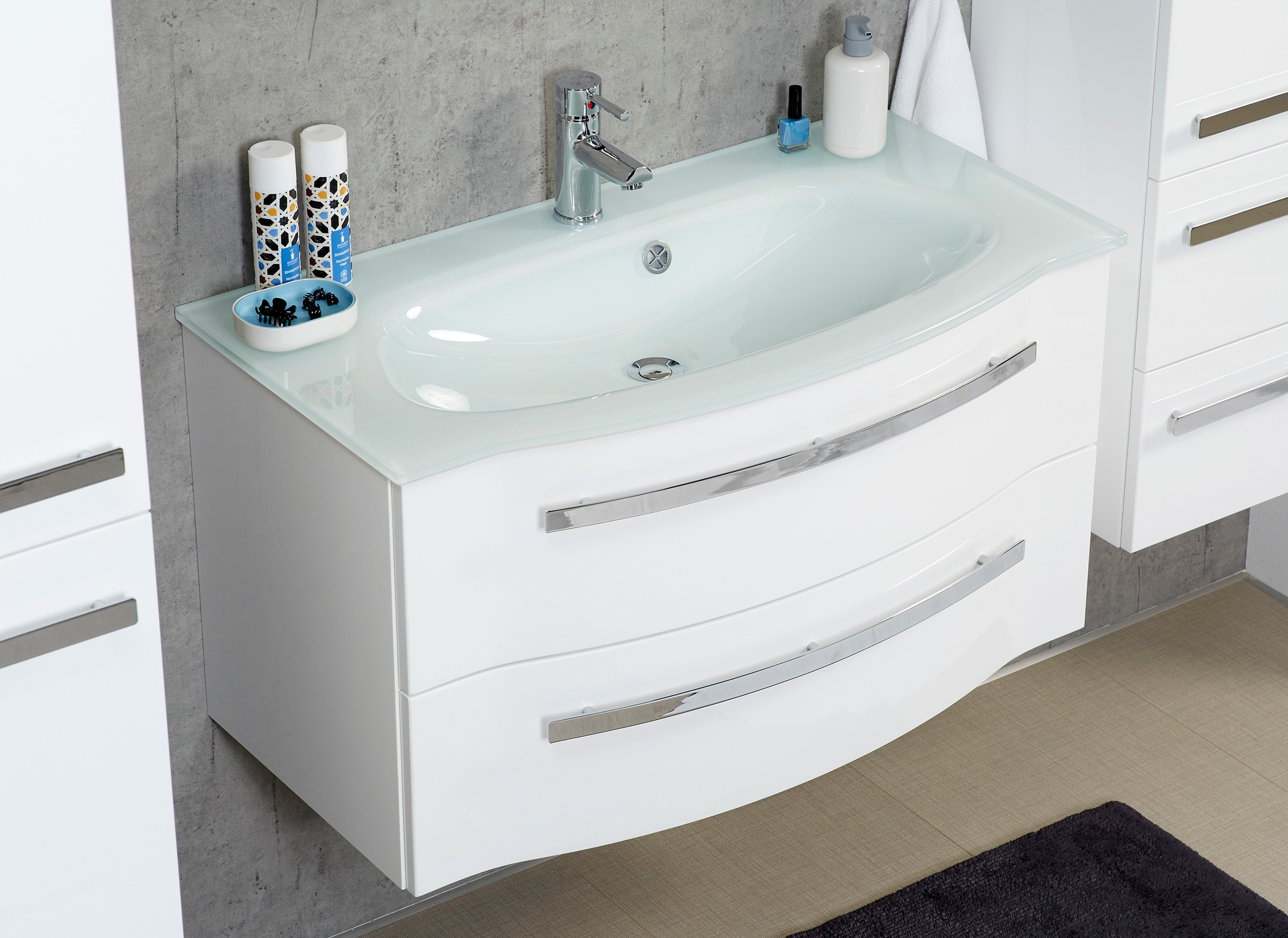 Saphir Waschtisch »Serie 4005 Glas-Waschtisch mit Unterschrank, 92 cm breit«, Waschplatz mit 2 Schubladen, Badmöbel-Set mit Waschtisch