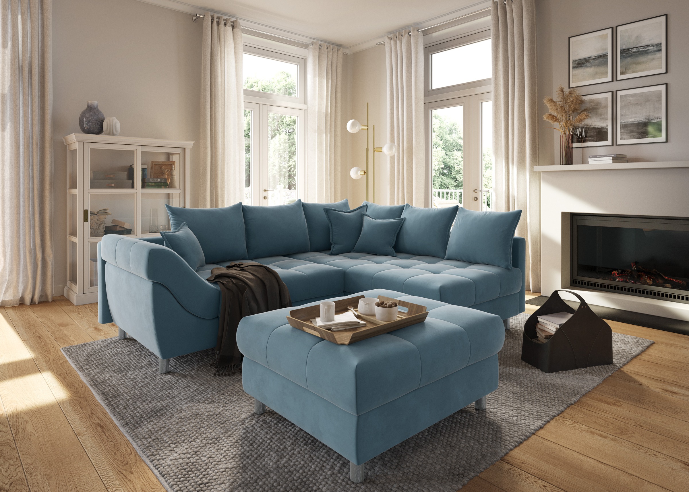 Ecksofa COLLECTION AB, B:247cm H:87cm T:189cm, blau, Microfaser PRIMABELLE (100% Polyester), Struktur (90% Polyester, 10% Polyacryl), Samtvelours