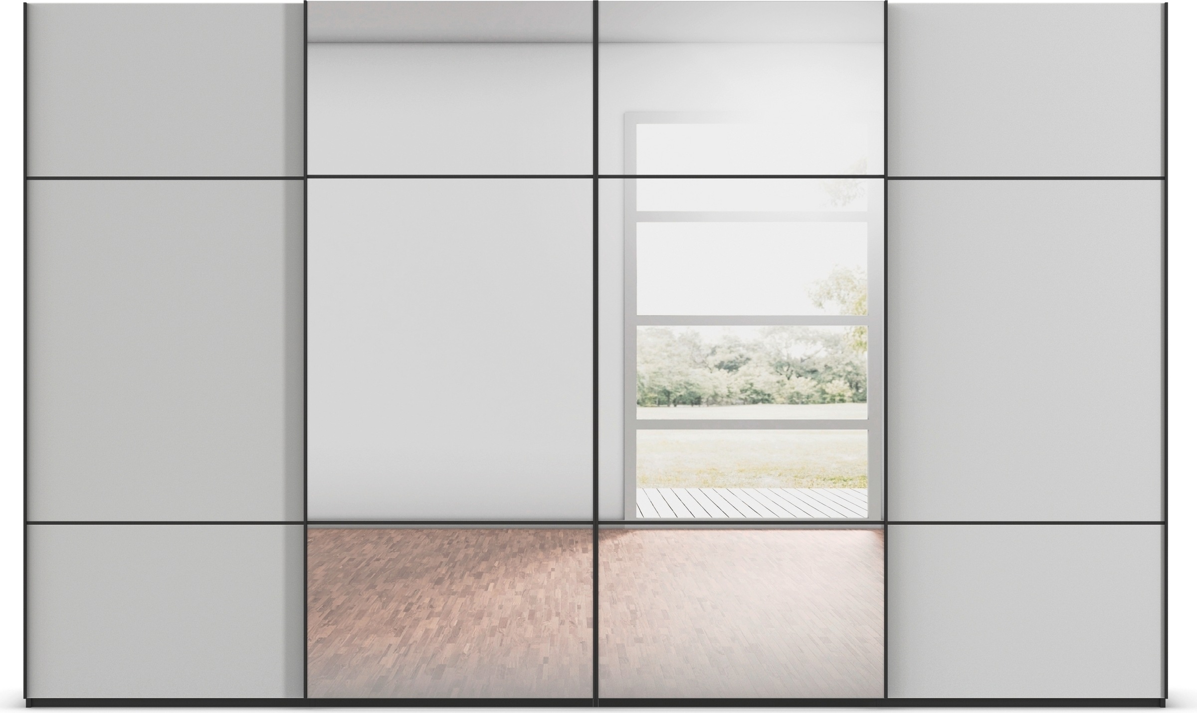 rauch Schwebetürenschrank »Kleiderschrank Schrank Garderobe Schlafzimmerschrank SCALE-TRIO«, edle dreigeteilte Front mit 2 Zierleisten Spiegel/Glas MADE IN GERMANY