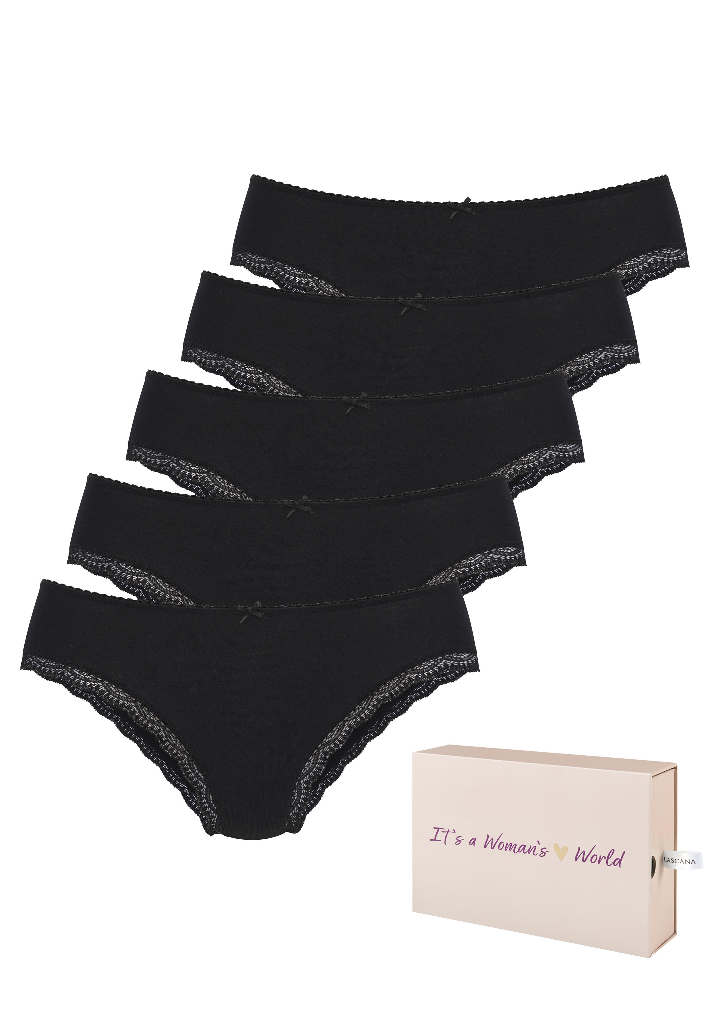 LASCANA Jazz-Pants Slips 5er-Pack, aus elastischer Baumwolle mit zarter Spitze, mit Aufbewahrungsbox