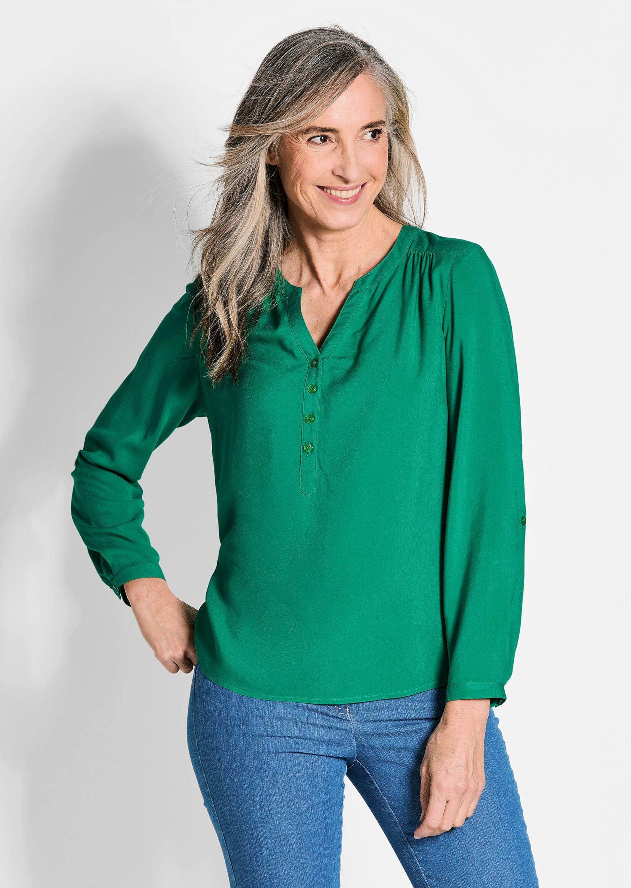 GOLDNER Schlupfbluse »Langarm Businessbluse mit V-Ausschnitt«