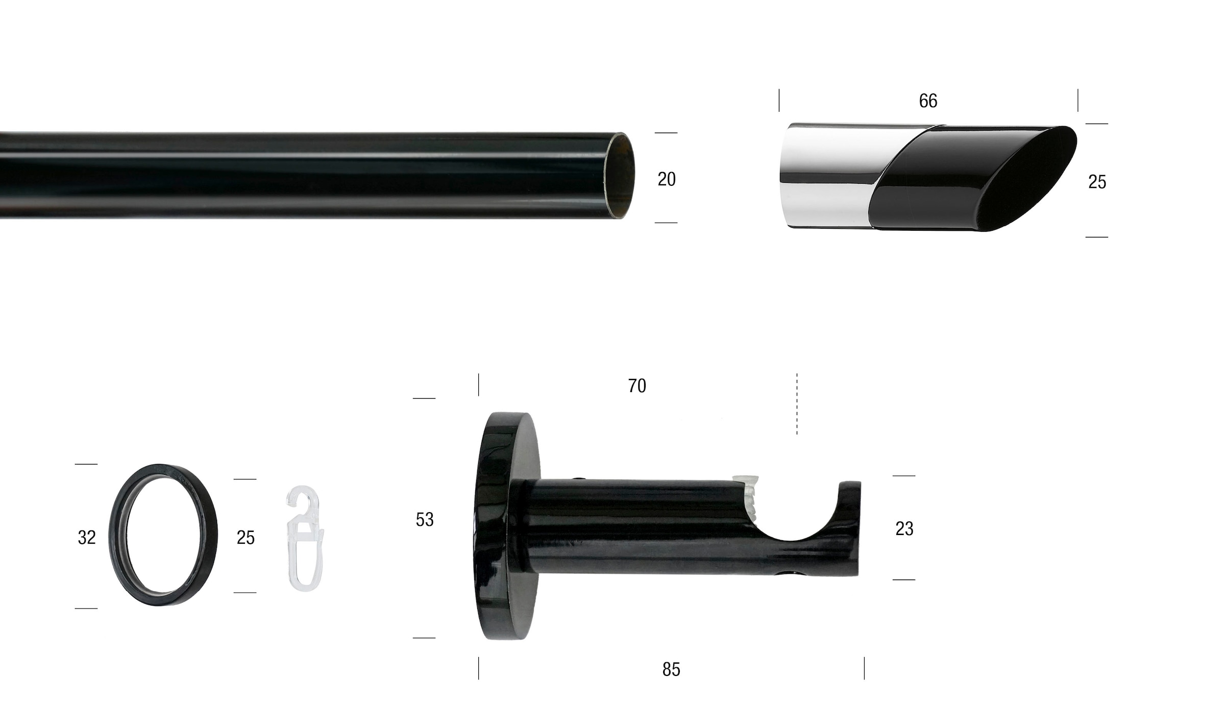 Thumbnail - GARESA Gardinenstange "BLACK" Ø 20 mm 1 läufig-läufig Wunschmaßlänge Vorhanggarnitur, verlängerbar, Endknopf abgeschrägt...