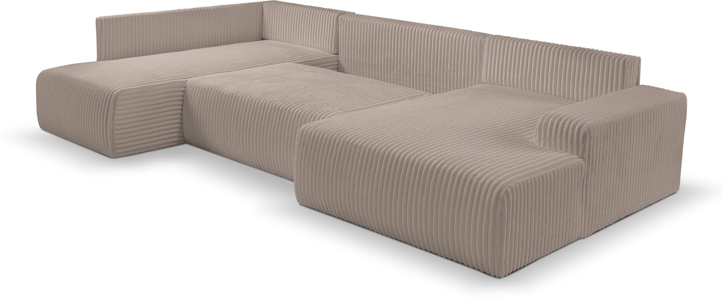 WERK2 Wohnlandschaft »Rotterdam-U, U-Form, in kuschelweichem Cord oder Breitcord«, Design Sofa mit Schlaffunktion & Bettkasten, Breitcord, Taupe