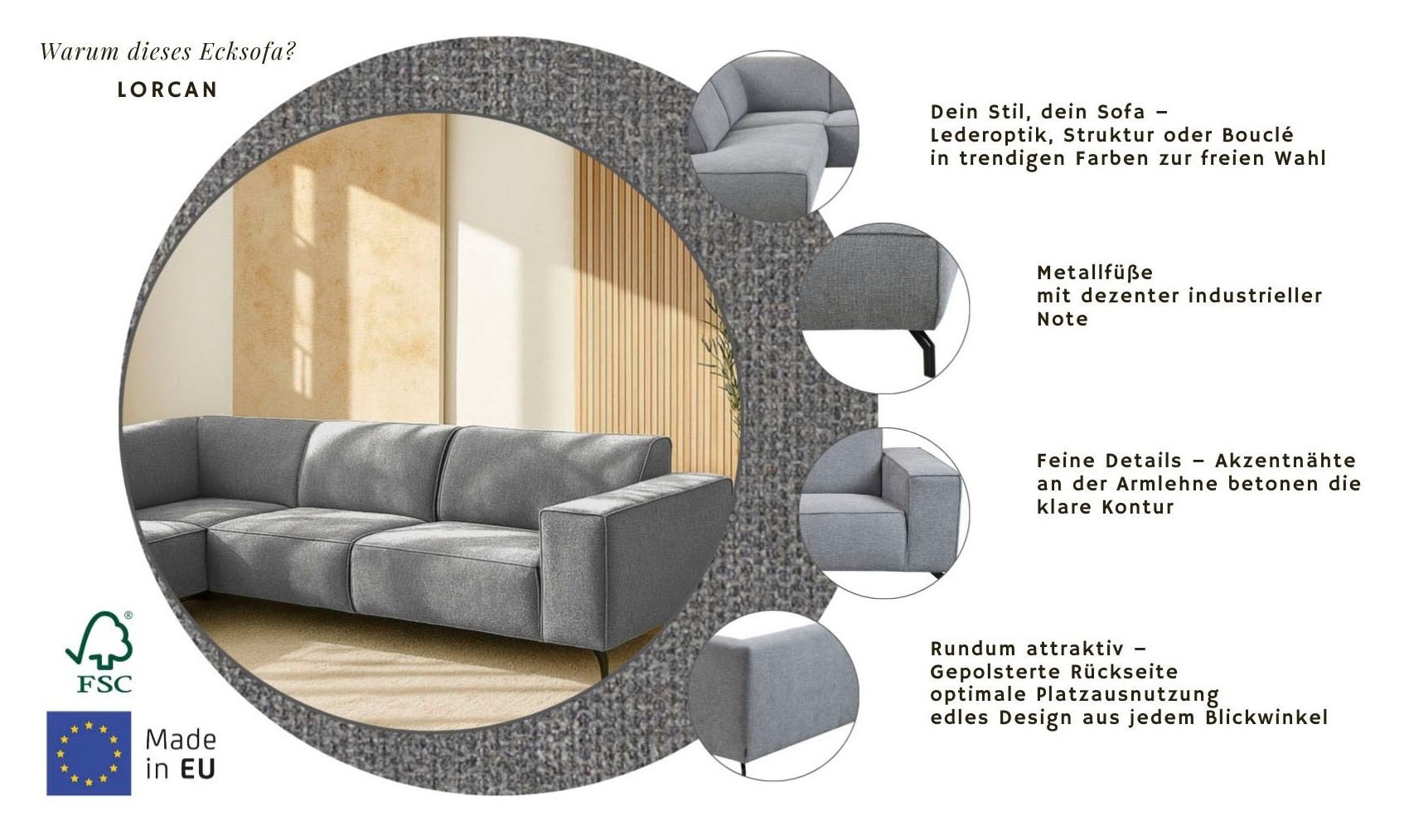 Thumbnail - Home affaire Ecksofa "LORCAN mit Metallfüßen, Breite 275 cm, weiches Sitzgefühl" Metallfüße, Lederoptik, Struktur, Boucl...