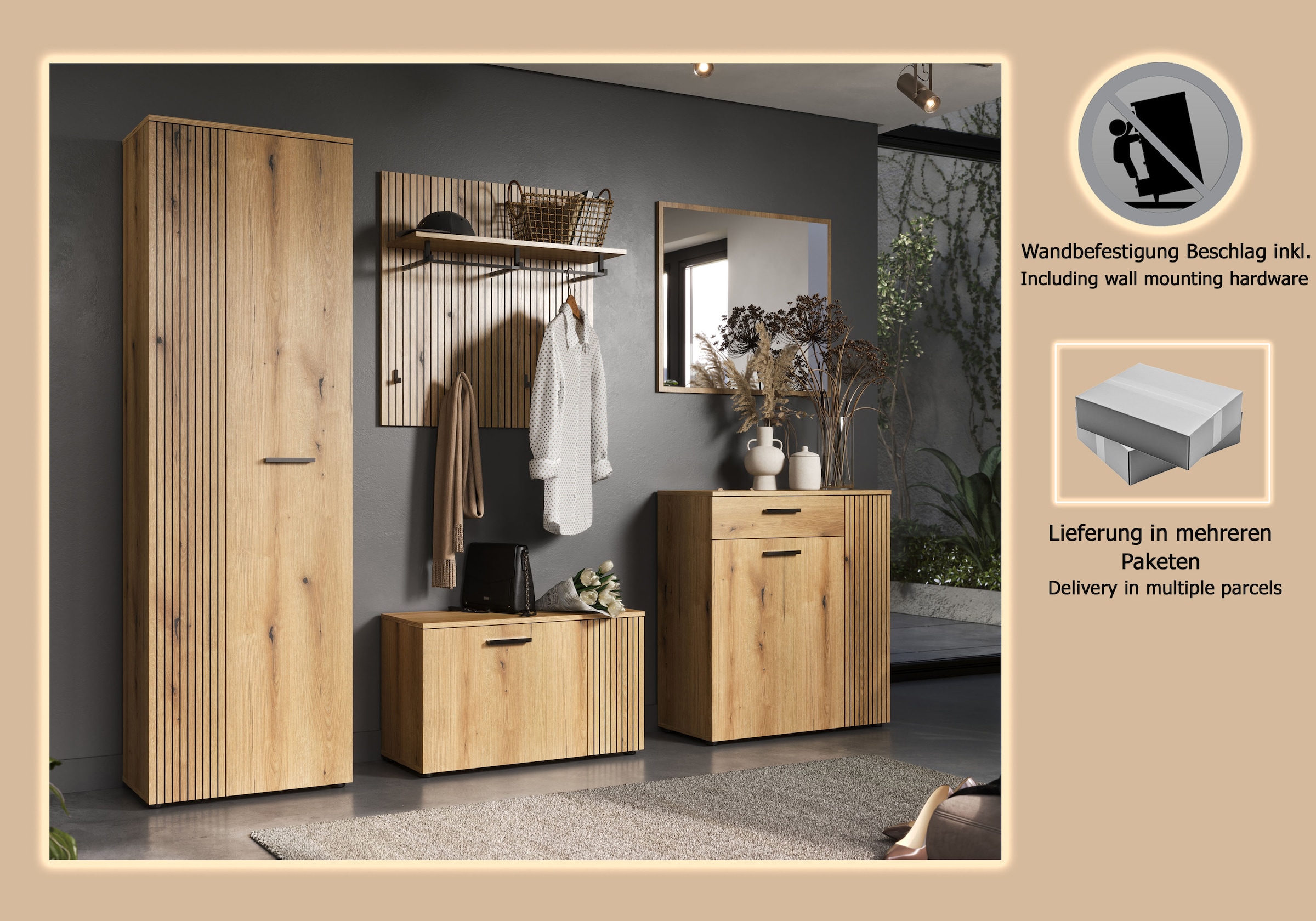 Home affaire Garderoben-Set »Amrum« Komplett-Set, 5 Stk. tlg. Set bestehend aus: Schrank, Sitzbank, Wandpaneel, Kommode & Spiegel