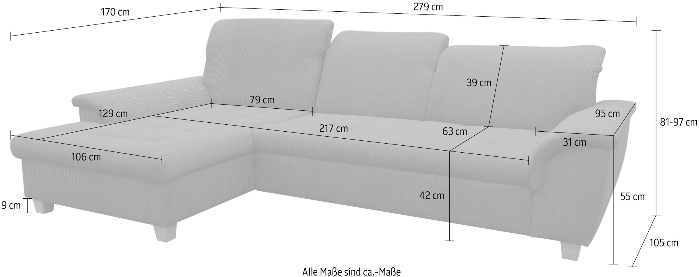 OTTO home »Eggery 279 x 170 cm, auch mit Schlaffunktion & Bettkasten, Holzfüße« Kopfteile verstellbar, L-Form, aus pflegeleichtem Luxus-Microfaser