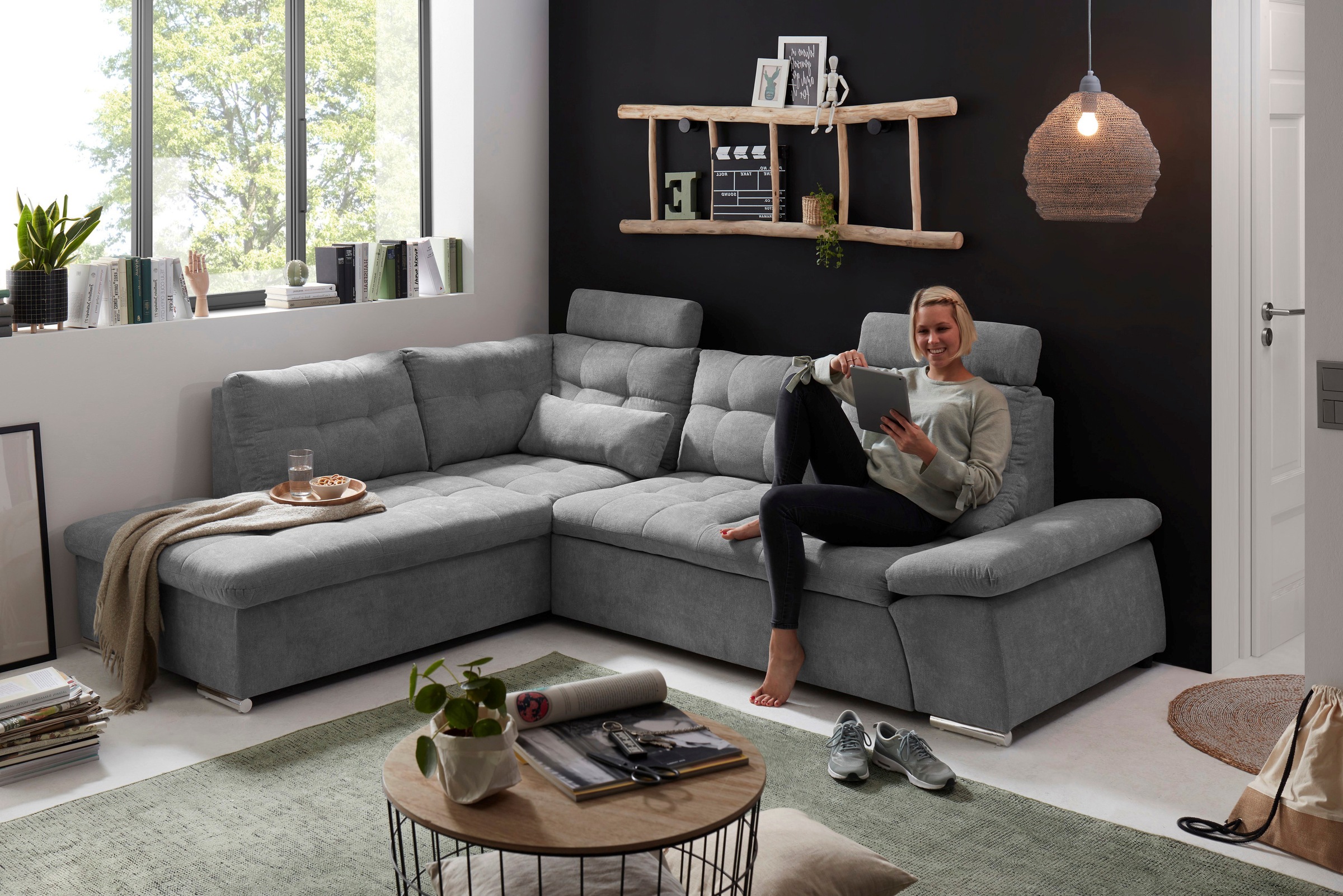 ED EXCITING DESIGN Ecksofa »Nalo L-Form«, mit Bettfunktion, Armteilverstellung, Kopfstützen & 2 Nierenkissen