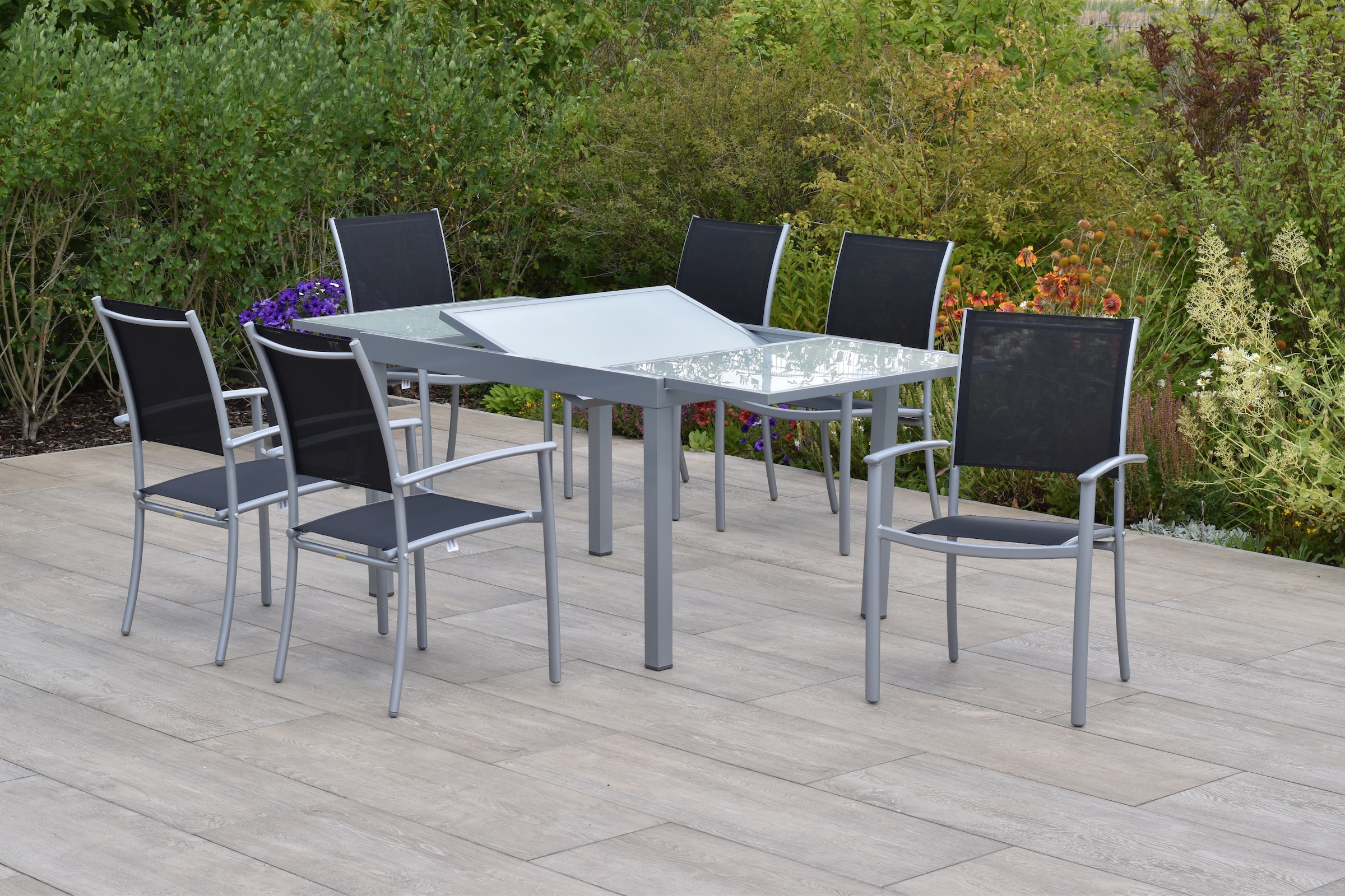 MERXX Garten-Essgruppe »»Milano««, (Set, 7 tlg., Pulverbeschichtetes Aluminiumgestell), Ausziehtisch: LxB: 120-180 x 90 cm