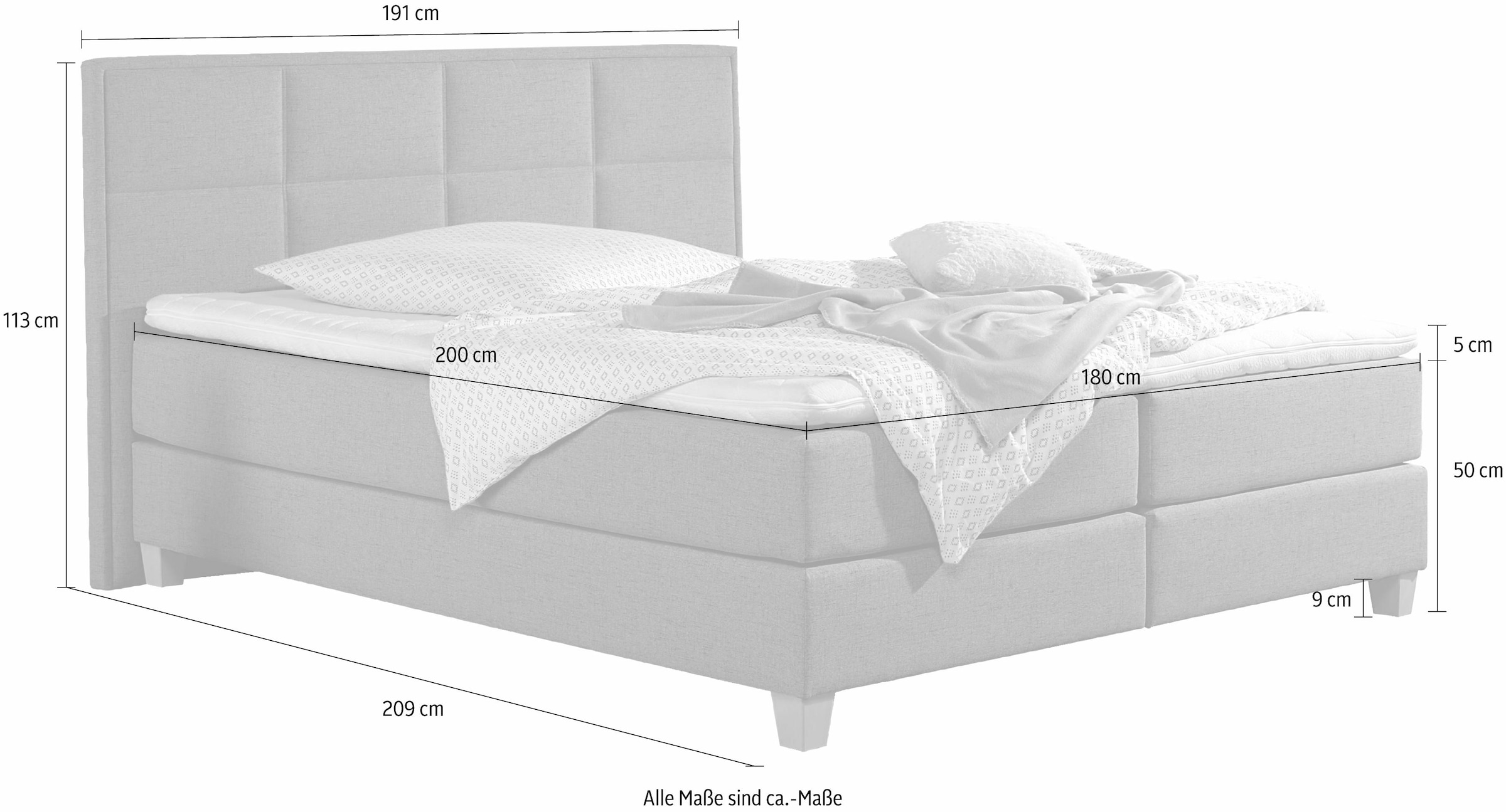 Boxspringbett HOME AFFAIRE "Casey", grau (silbergrau), B:191cm L:209cm, Struktur fein (100% Polyester), Komplettbetten, Boxspringbett, in 5 Breiten, 3 Ausführungen, 2 Härtegraden, Steppung, Topper 9