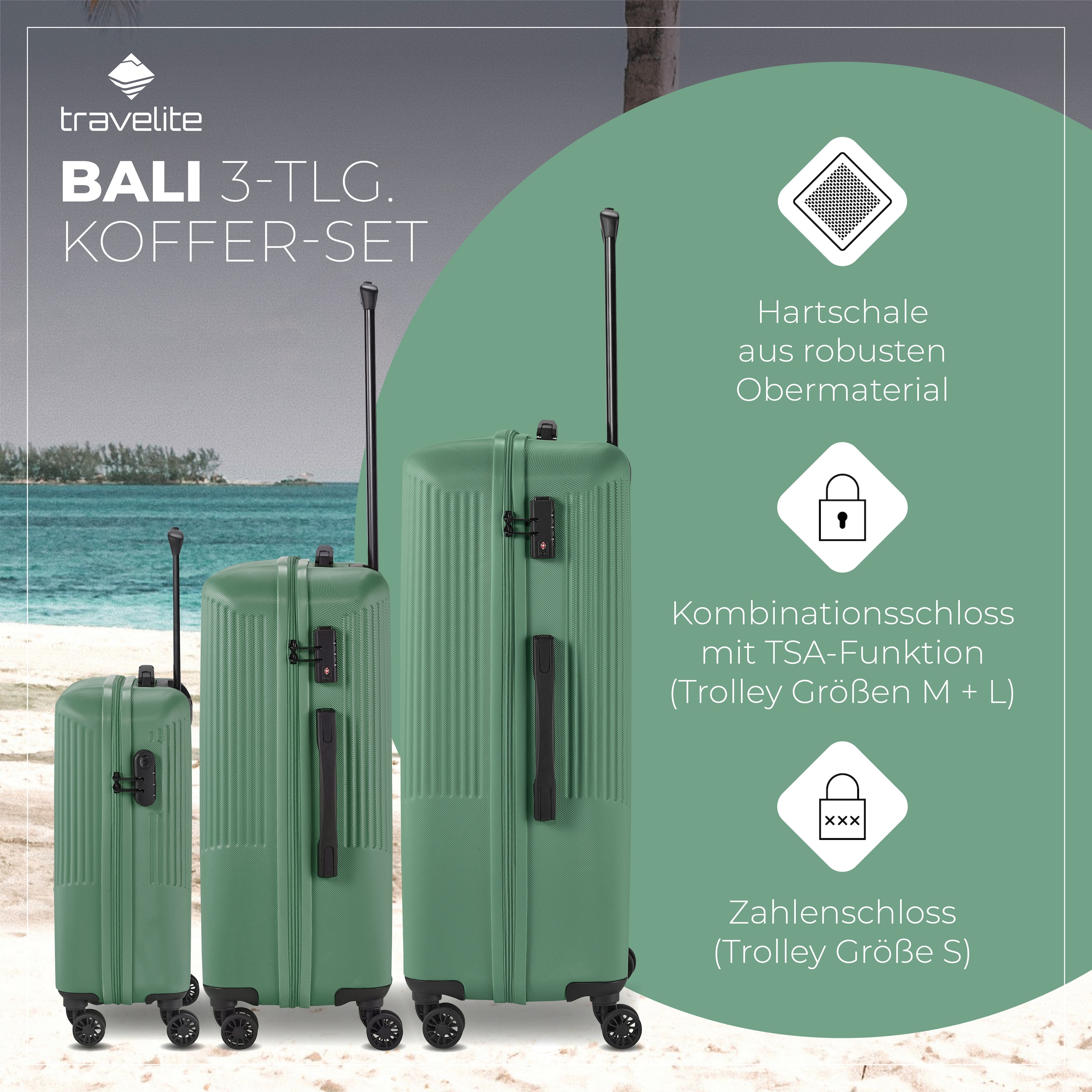 travelite Trolleyset »BALI 4w L/M/S«, (Set, 3 tlg., Hartschalen Trolley Set), Kofferset Reisegepäck Reisekoffer Hartschallenkoffer TSA Schloss