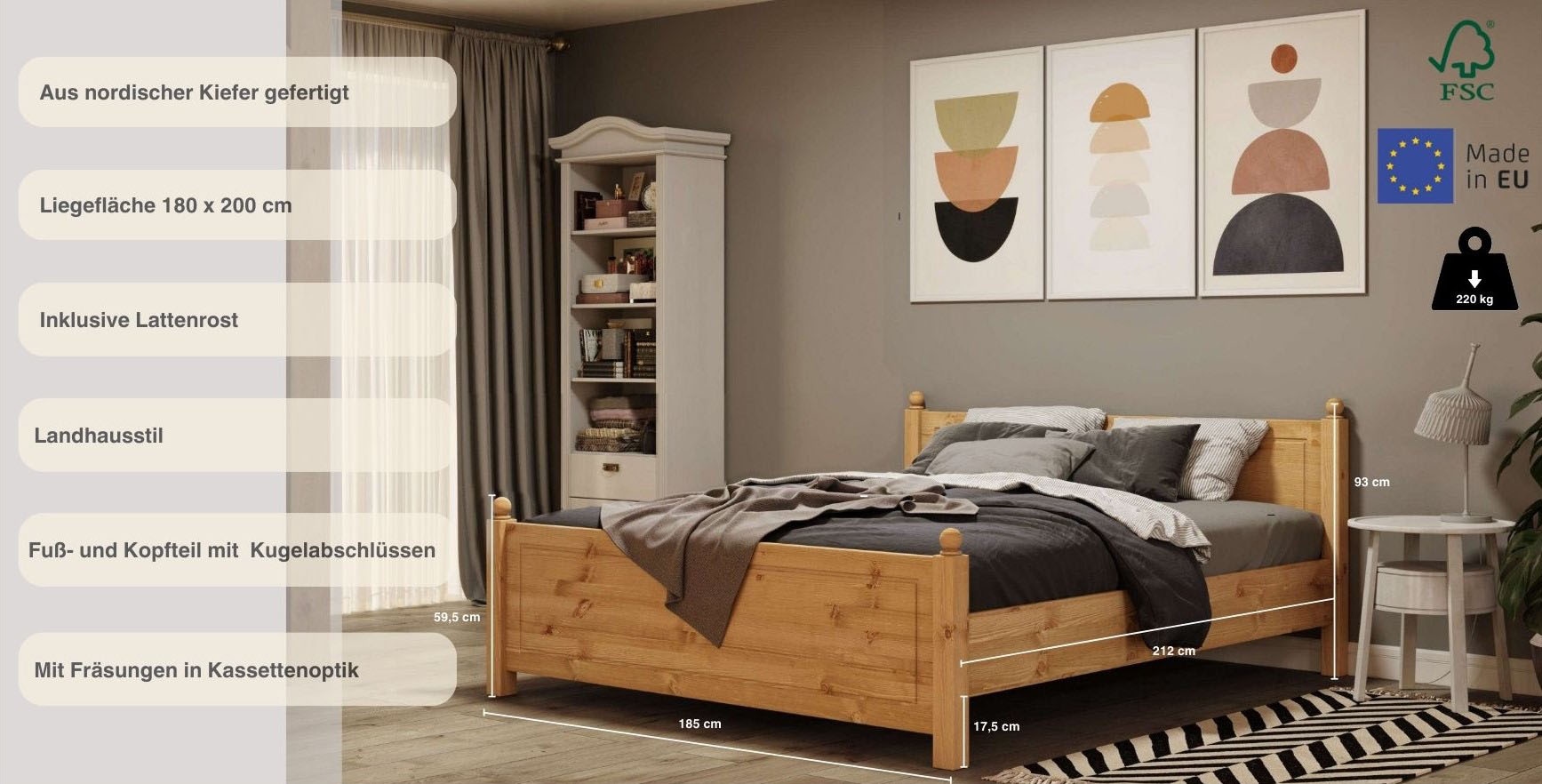 Home affaire Massivholzbett »Mila, hohe Belastbarkeit Jugendbett,! FSC® zertifiziertes Massivholz«, (Breite/Belastbarkeit 180cm/220 KG, 140cm/180 KG, 90cm/=120 KG), aus massiver Kiefer, inklusive Lattenrost