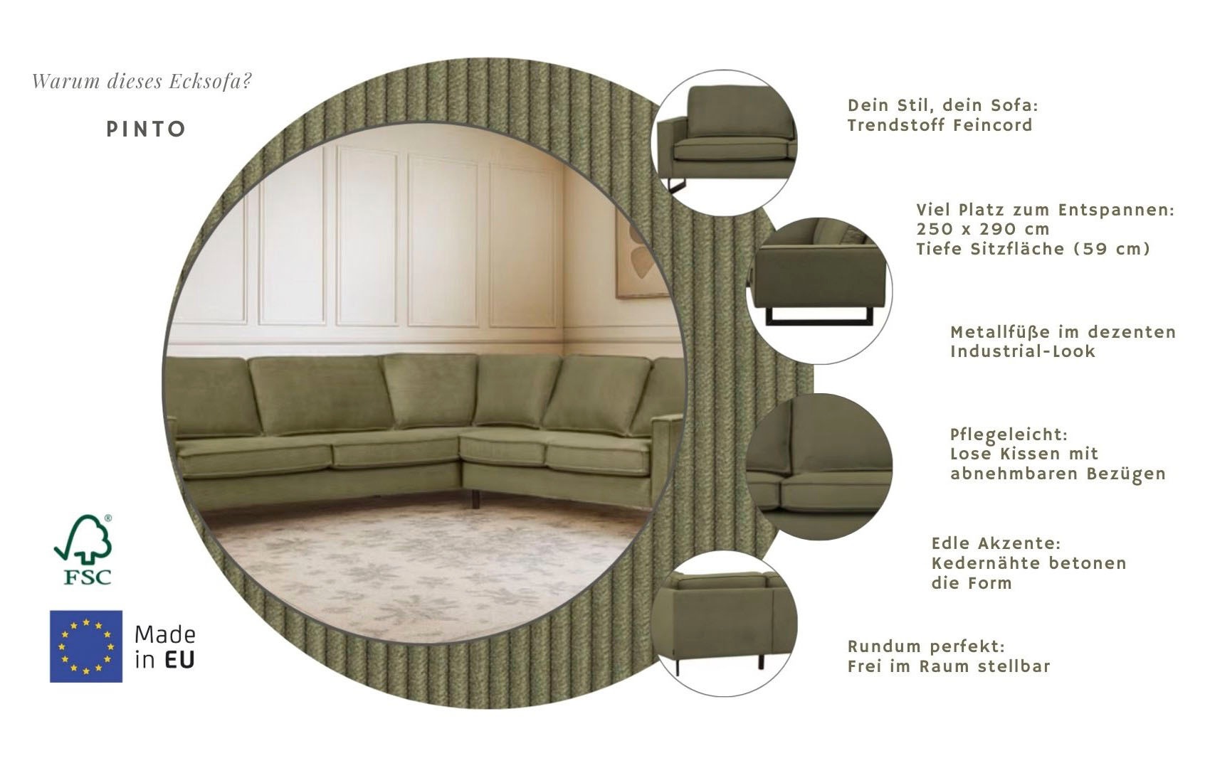 Thumbnail - Home affaire Ecksofa "Pinto, XXL, 250/290 cm, langer Schenkel, Ottomane" Cord, Chenille, Lederoptik, mit Keder, Metallfü...