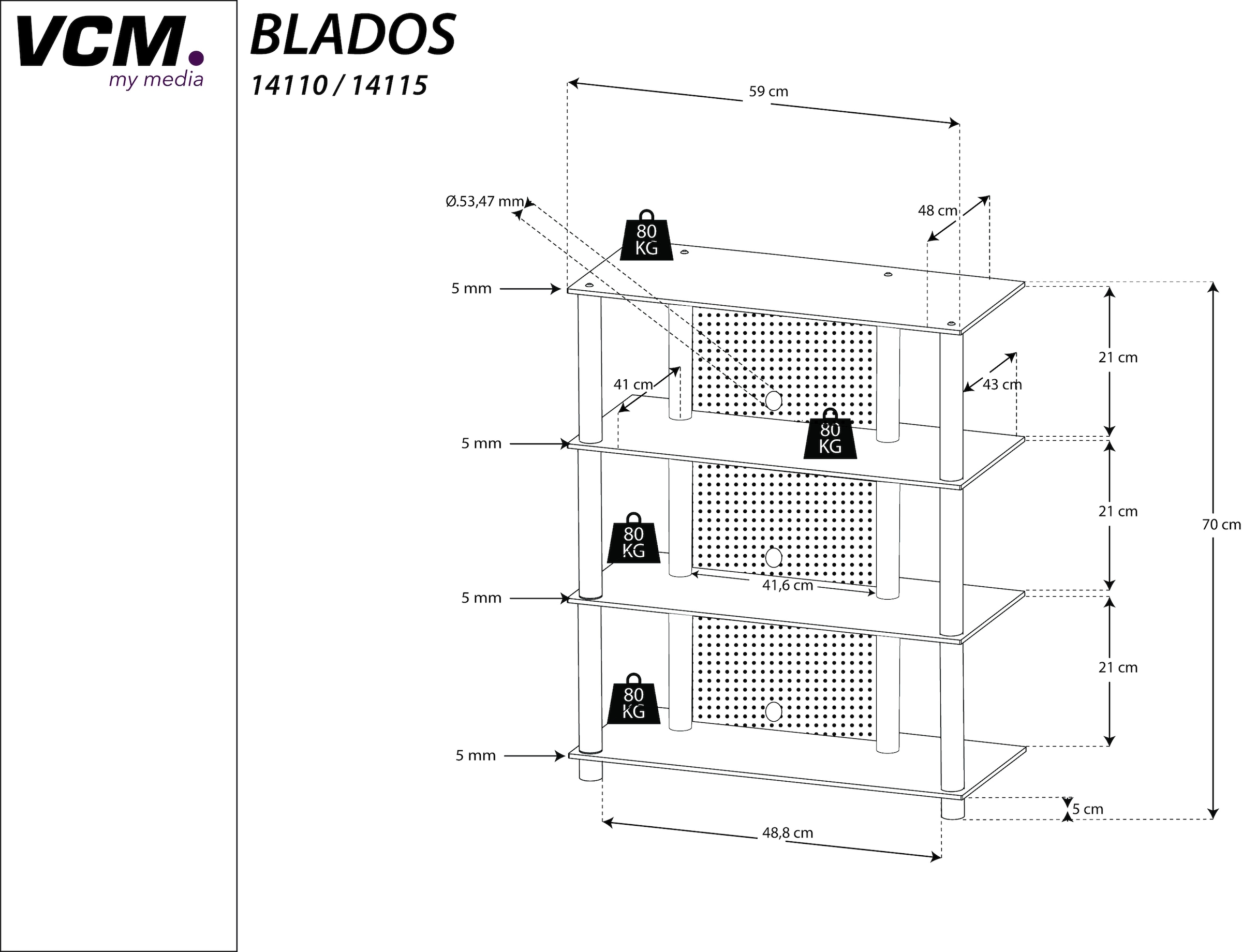 VCM Wohnzimmertisch »Hifi Möbel Rack Alu Glas Phono Mediaregal Blados«