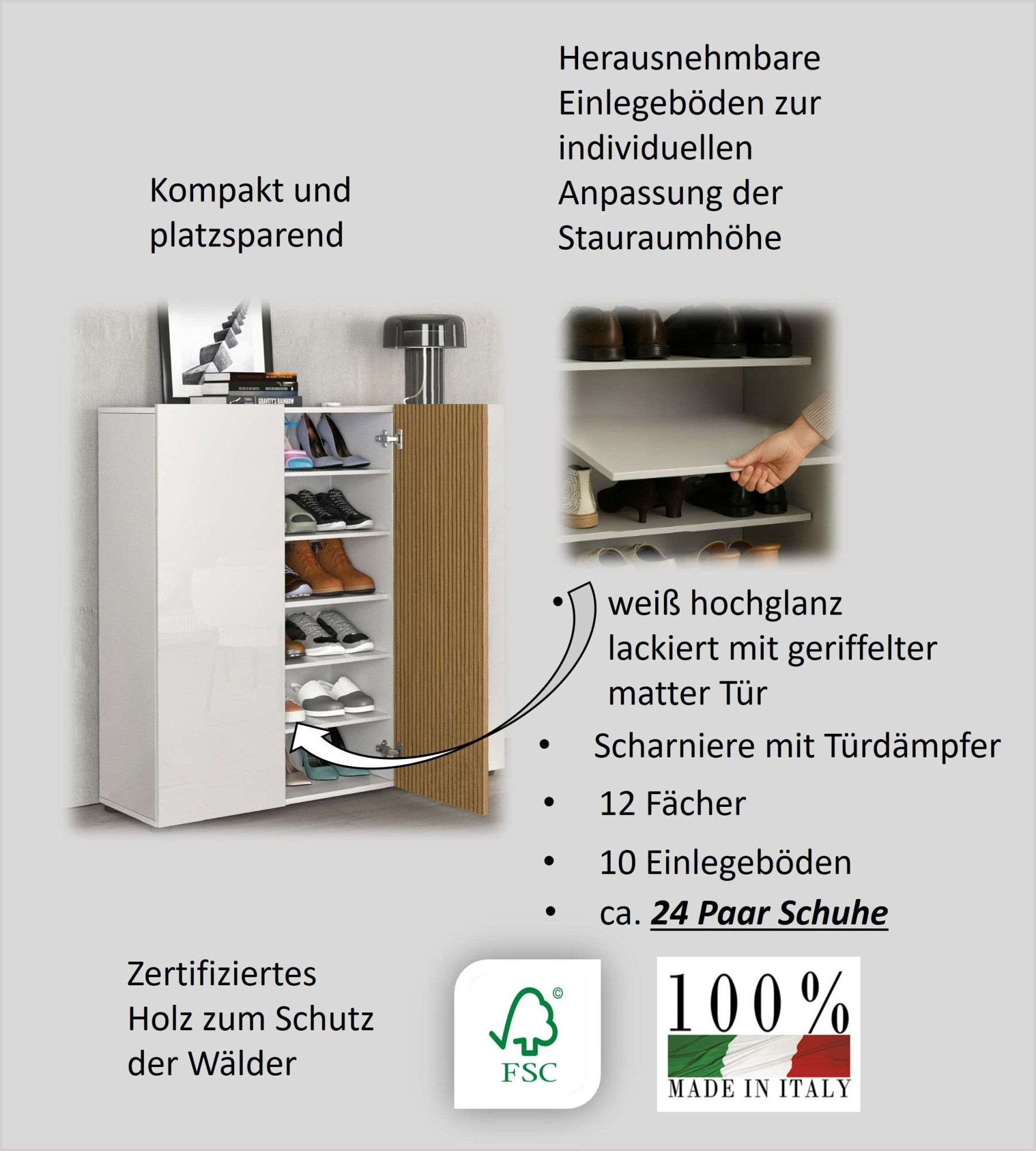 INOSIGN Schuhschrank »LADY, Schuhkommode,Schuhmöbel,Schuhablage,Schuhregal«, mit 10 Einlegeböden, 12 Fächer, Tür mit Rillenoptik, ca.24 paar Schuhe