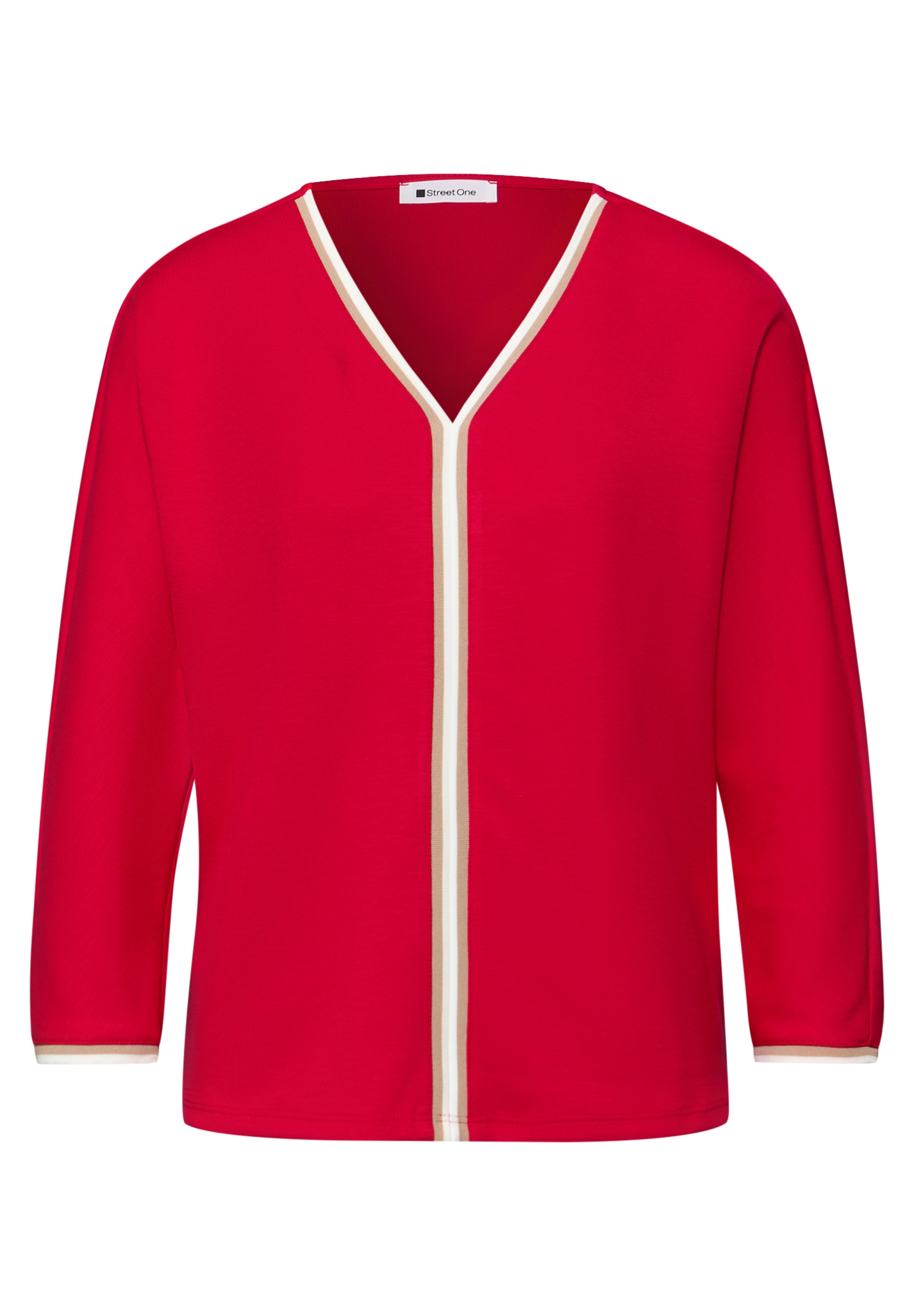 T-Shirt STREET ONE, Damen, Gr. 40, salsa rot, Stoff, 48% Viskose, 48% Polyester, 4% Elasthan, unifarben, comfort fit normal, V-Ausschnitt, Bündchen, Shirts T-Shirt, mit 3/4 Ärmeln 6