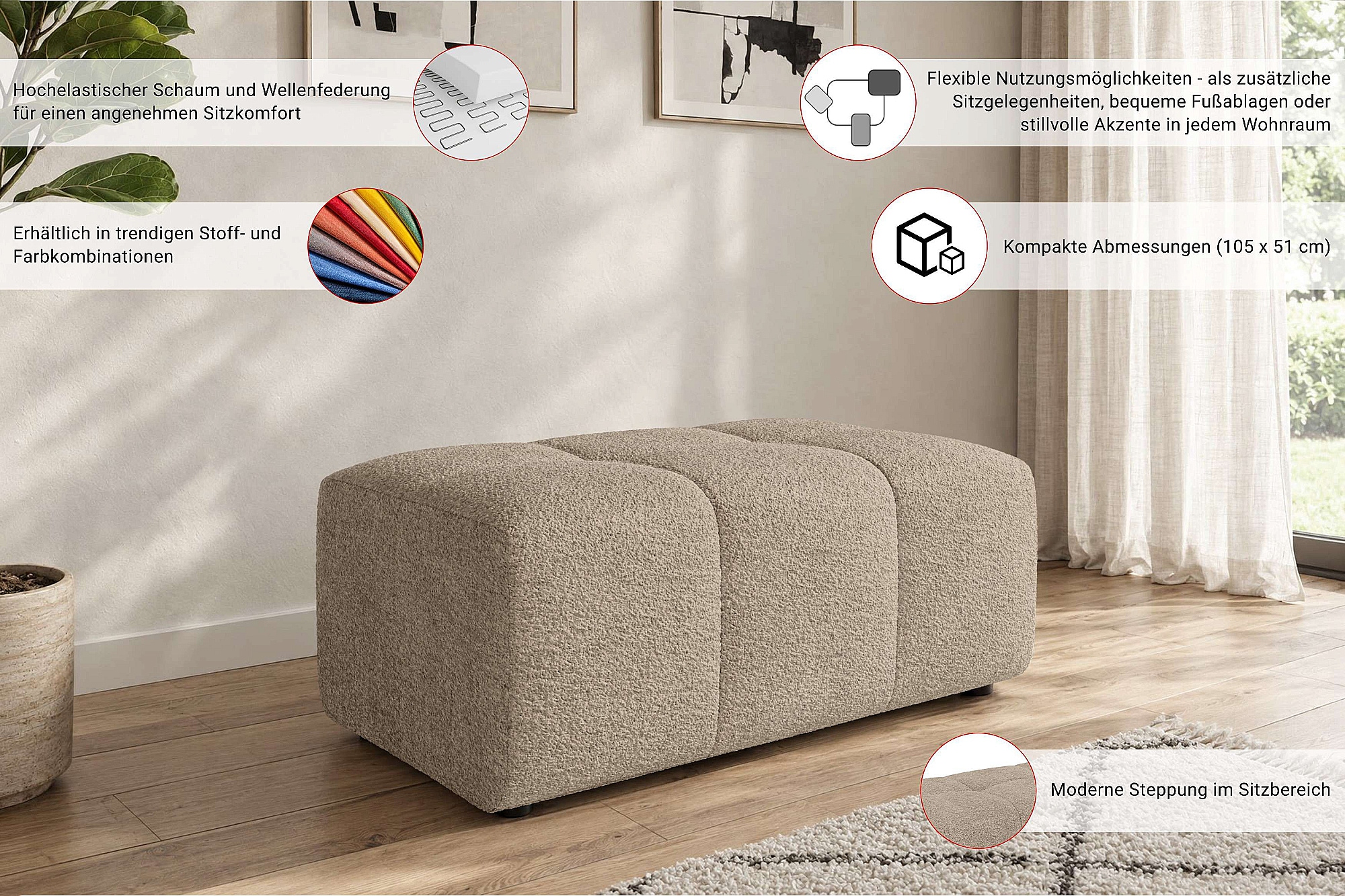 OTTO home Polsterhocker »AVVELLA Sitzhocker passend zum Sofa, Breite 105 cm, Cord oder Struktur« mit hochelastischer Schaum und Wellenunterfederung