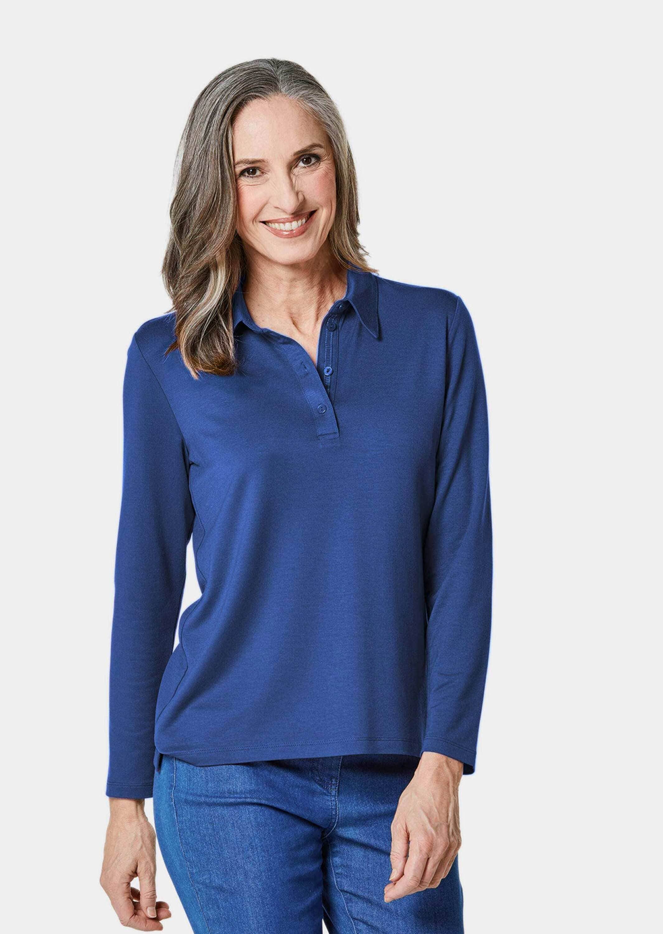 GOLDNER Poloshirt »Kurzgröße Langarm Poloshirt mit Schmuckband an Knopfleiste«