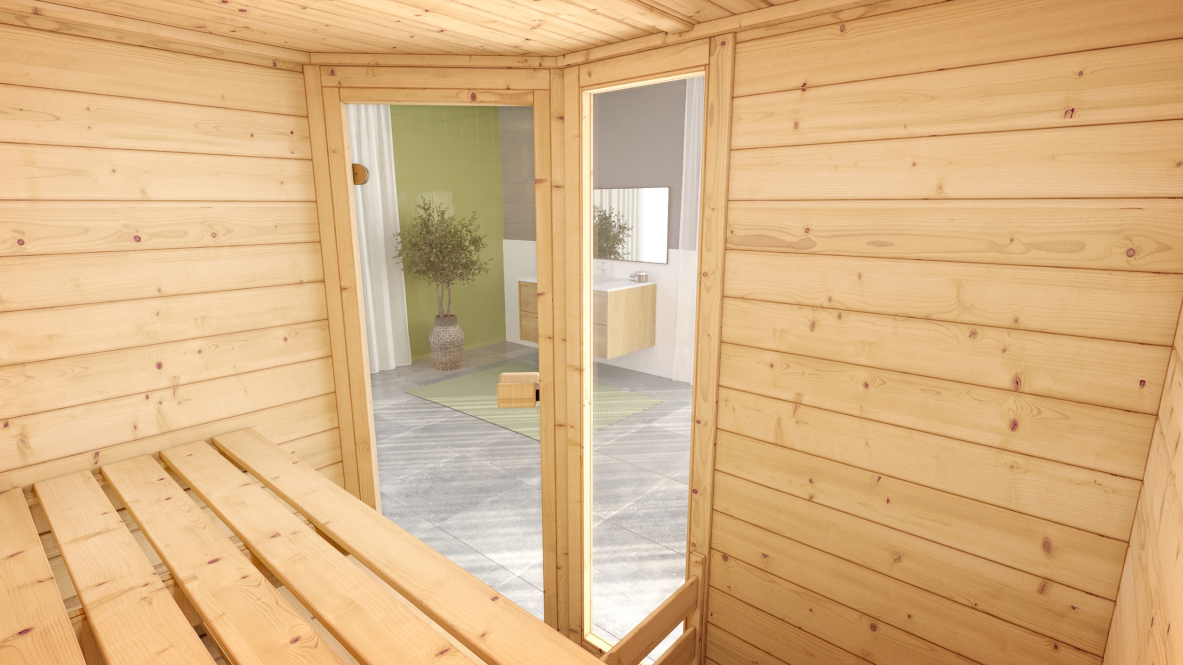 weka Sauna »Massivholzsauna VALIDA Eck 1«, Blockbohlen, Fensterelement, moderne Glastür