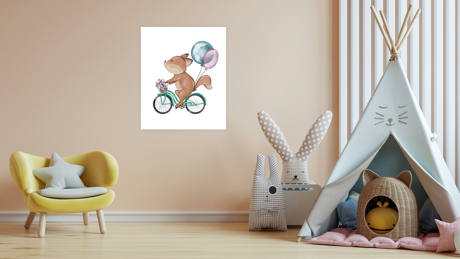 Lüttenhütt Bild mit Rahmen "oder Poster, Blumenkorb und Luftballons" Eichhörnchen Fahrräder Fantasy Luftballon Tiere 1 Stk. tlg. HD Premium Druck