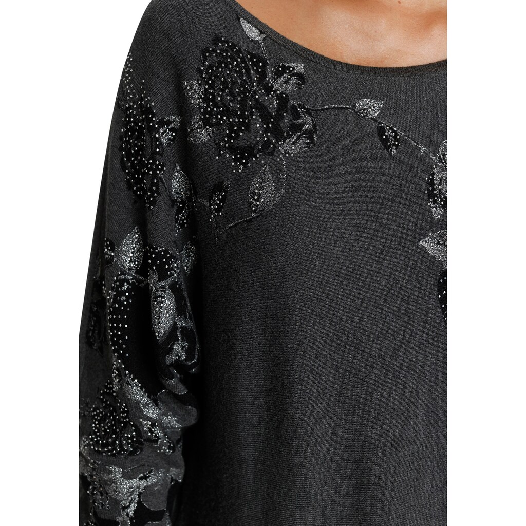 Damenmode Pullover Melrose Fledermauspullover, mit Blumenmuster und Glitzersteinen dunkelgrau Damenmode Pullover Melrose Fledermauspullover, mit Blumenmuster und Glitzersteinen dunkelgrau
